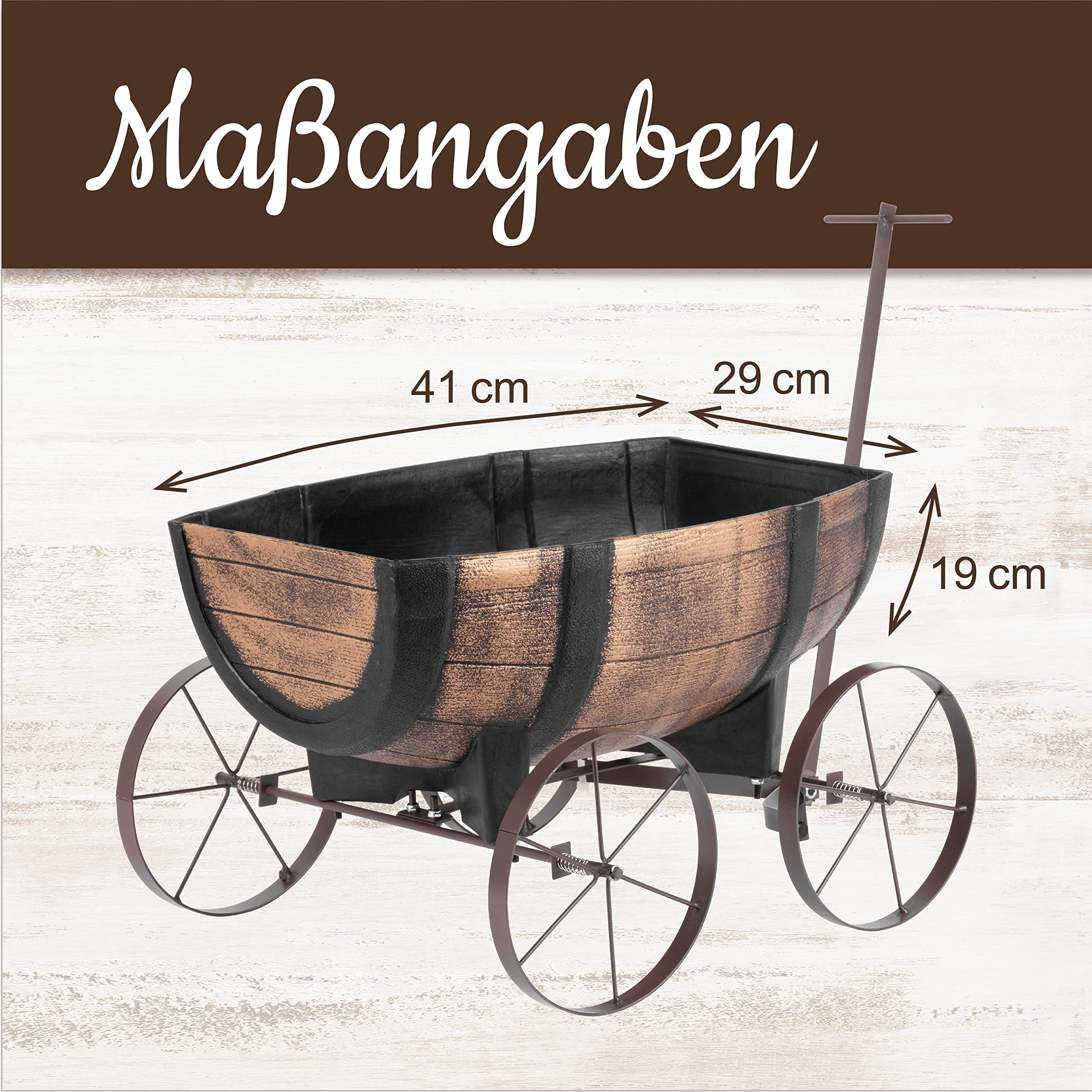 STREND PRO Blumenwagen Whiskyfass - Pflanzwagen auf rädern, Gartendeko Blumentopf Barel - realistischer Blumentopf Holzoptik Planzschubkarre - Leiterwagen Holz, Bollerwagen Holz