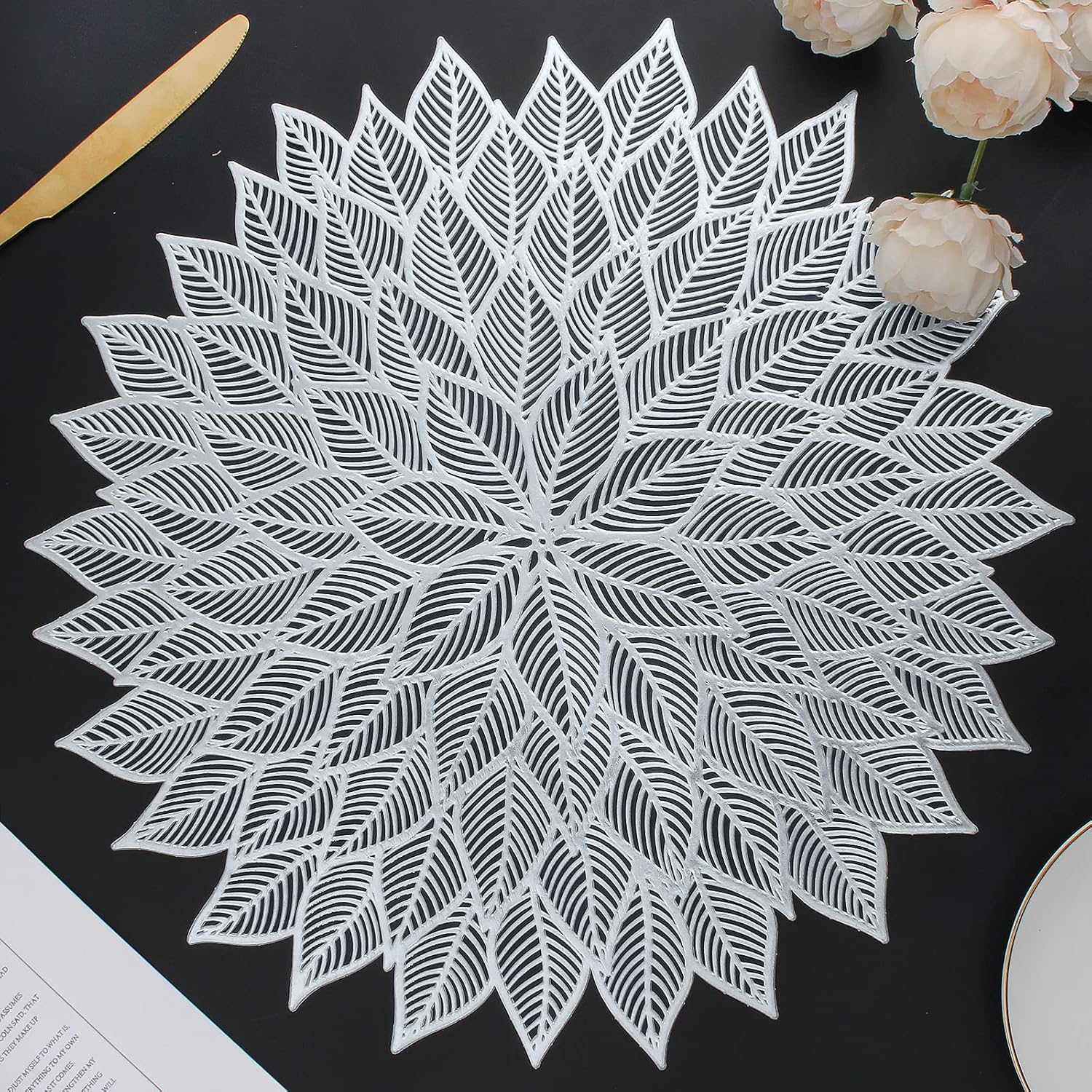 Placemats Set of 8, Round Hollow Out Flowers Place Mats for Dining Table Pressed Vinyl Blooming Leaf Table Mats for Holiday Party Wedding Accent Centerpiece Dinner Table Decoration (Silver) Silver 8 PCS