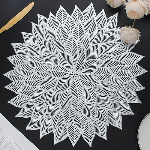 Juego de 4 manteles individuales redondos con diseño de flores huecas para mesa de comedor, vinilo prensado con hojas florecientes para vacaciones,
