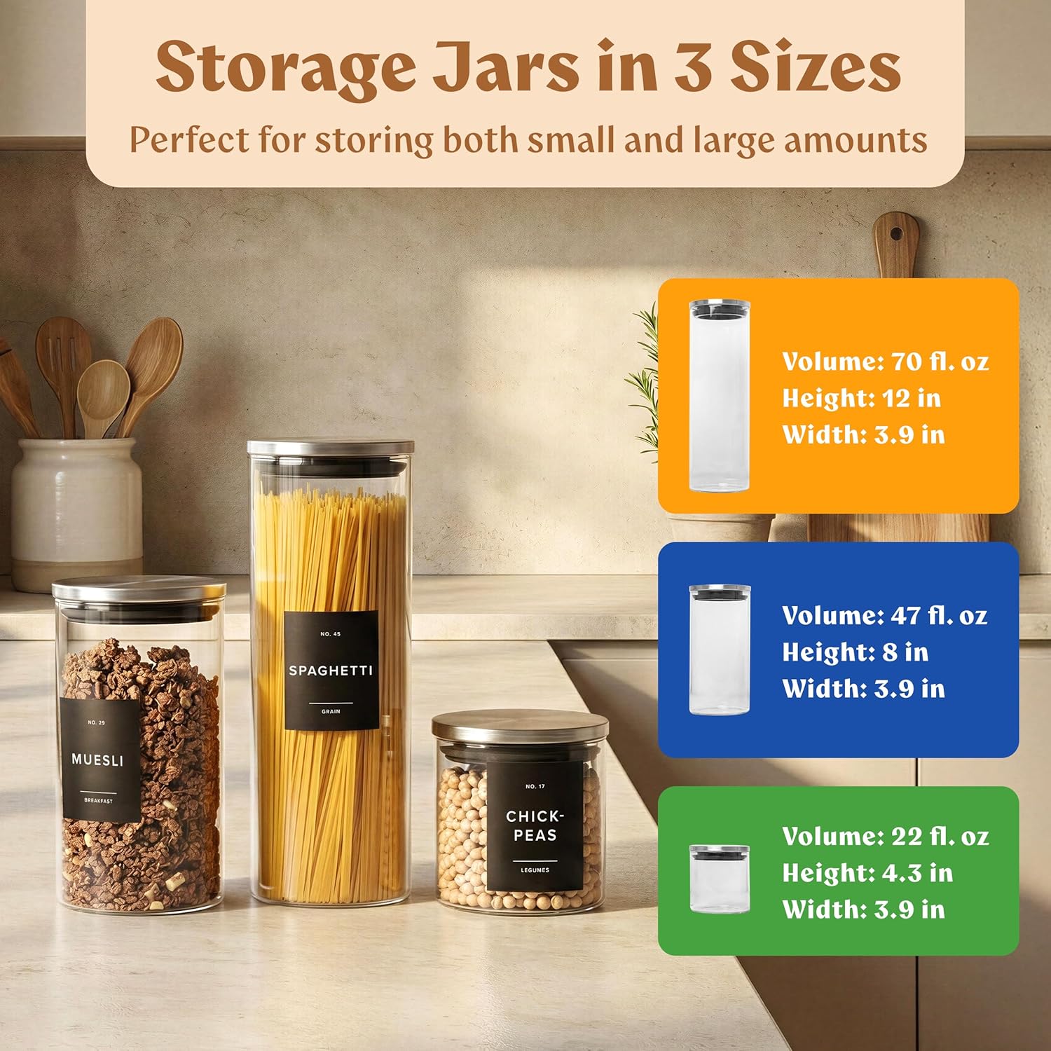 Glass Storage Containers with Stainless Steel Lids [Extra Thick Glas] with 54 Labels - Canister For Pantry Noodles Flour Cereal Rice Sugar Tea Coffee Beans - Round Set of 5x - Image 2