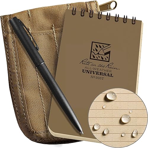 Rite in the Rain All-Weather - Kit de cuaderno con espiral en parte superior de 3 x 5", funda de tela CORDURA, cuaderno amarillo y bolígrafo