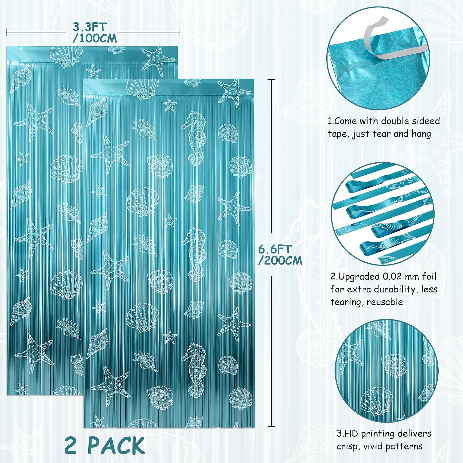 Kriyokiaa Beach Party Backdrop, 2 Pack Ocean Foil Fringe Decor