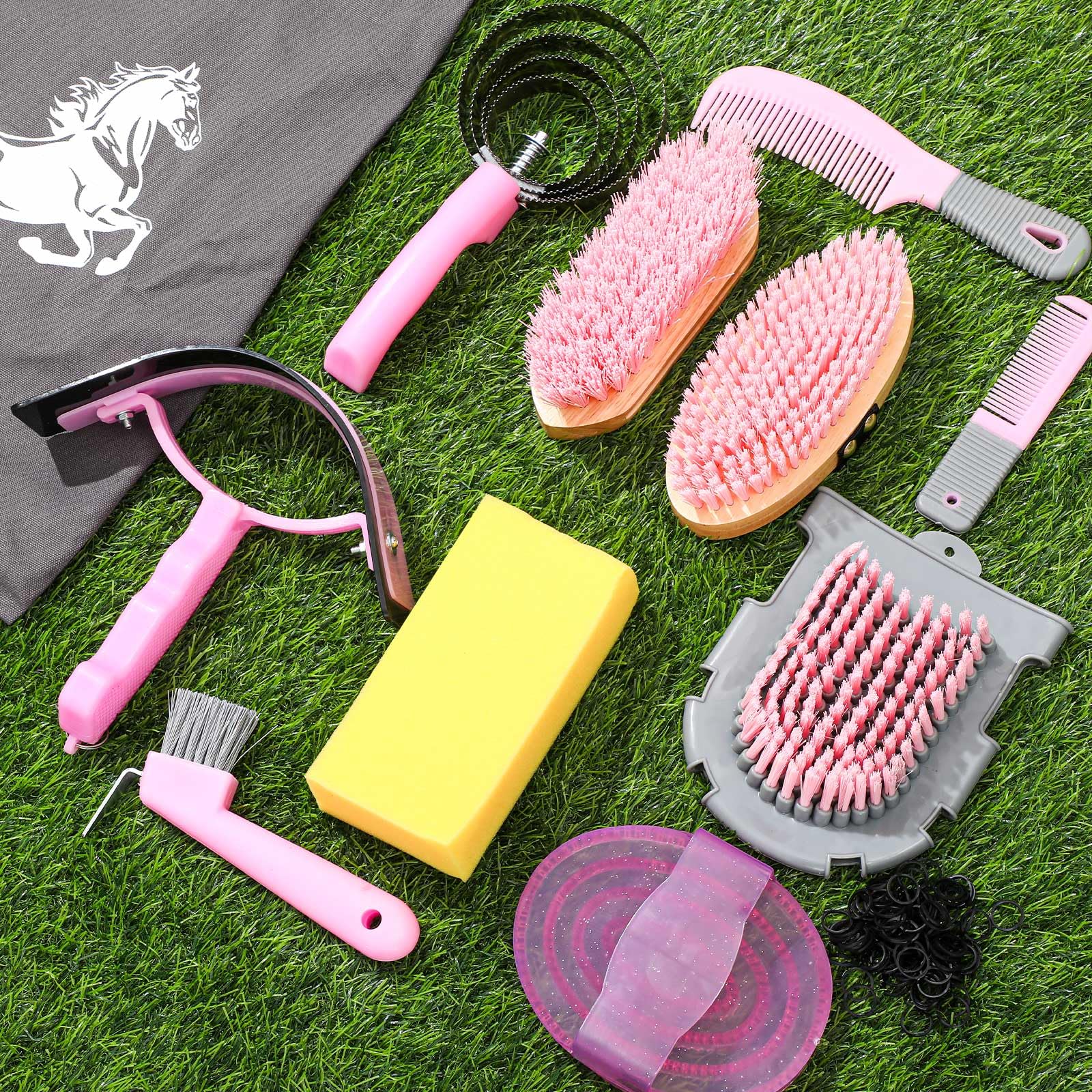 Abbylike Kit per la toelettatura del cavallo, 12 pezzi, set di spazzole per la cura dei cavalli, kit per la pulizia dei cavalli, strumenti massaggianti (grigio)