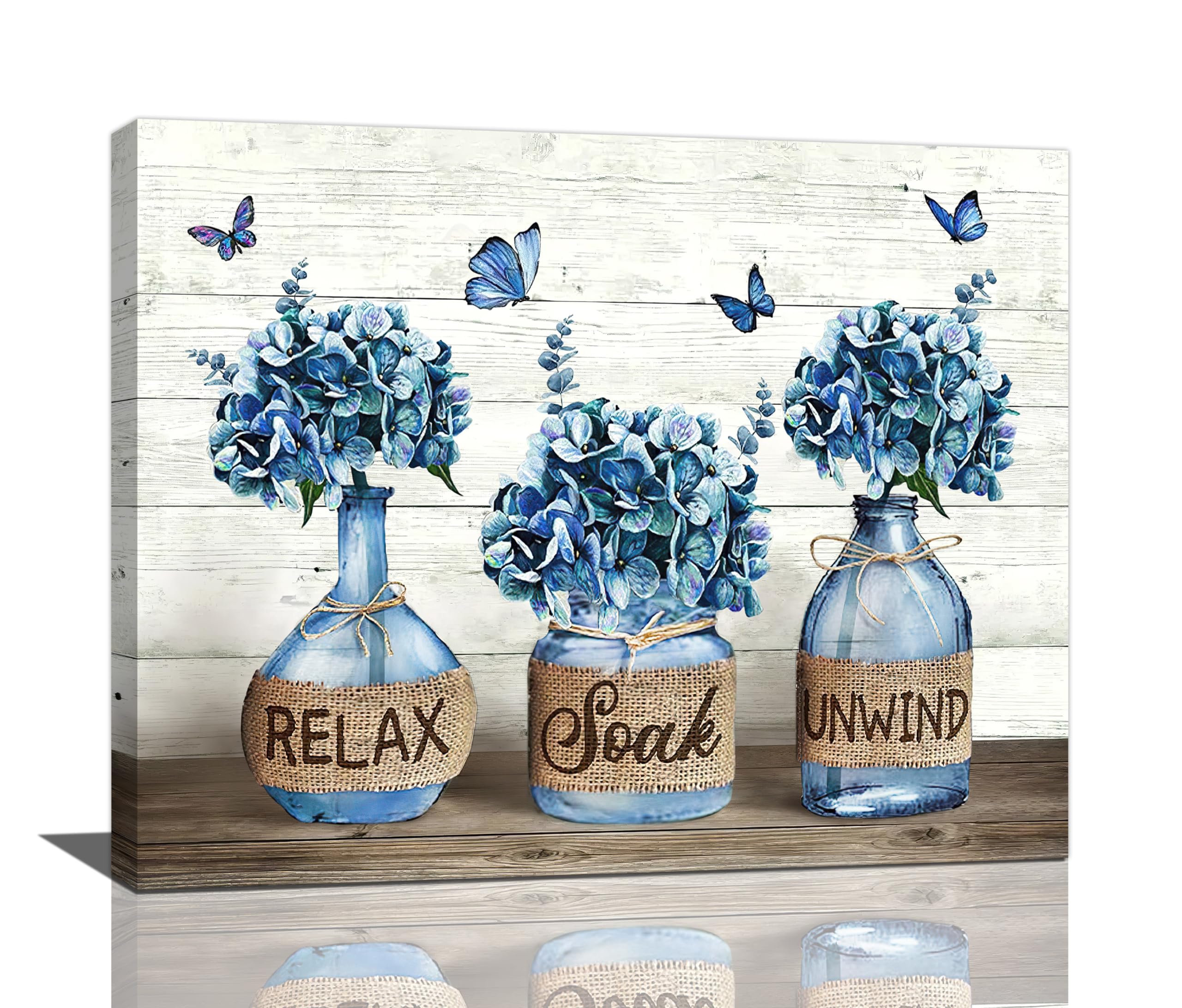 Farmhouse Bathroom Decor: Navy Blue Hydrangea Flower Wall Art Canvas Prints - Country Relax Soak Unwind Sign Artwork Modern Aesthetic Home Decor - Framed Ready to Hang