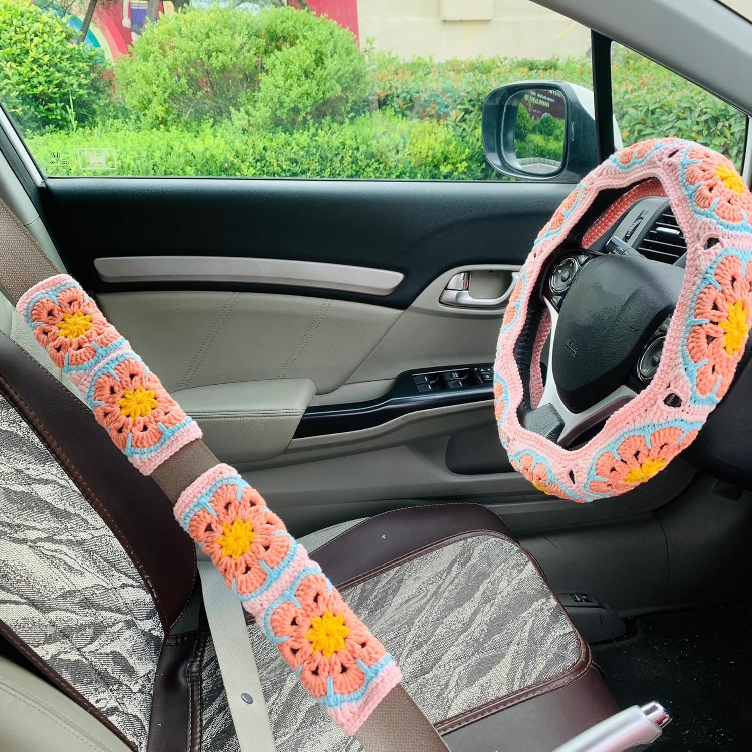 Handmade Crochet Steering Wheel Cover Sakura Pink Galsang Flower Seat Belt Cover, Car Interior Accessories Decorations. (Steering Wheel Cover + 2 Seat Belt Cover)