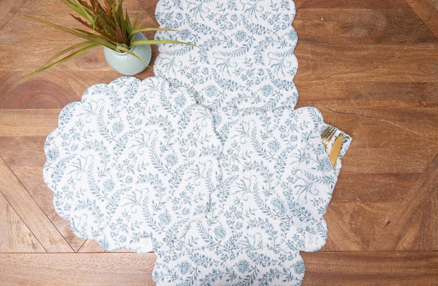 C&F Home Braganza Teal Vintage 100% Cotton Round Set of 6 Placemats 17" Versatile Floral Flowers Spring Springtime Summer Kitchen Dining Dinner Tabletop Machine Wash Reversible Scalloped Edge Decor