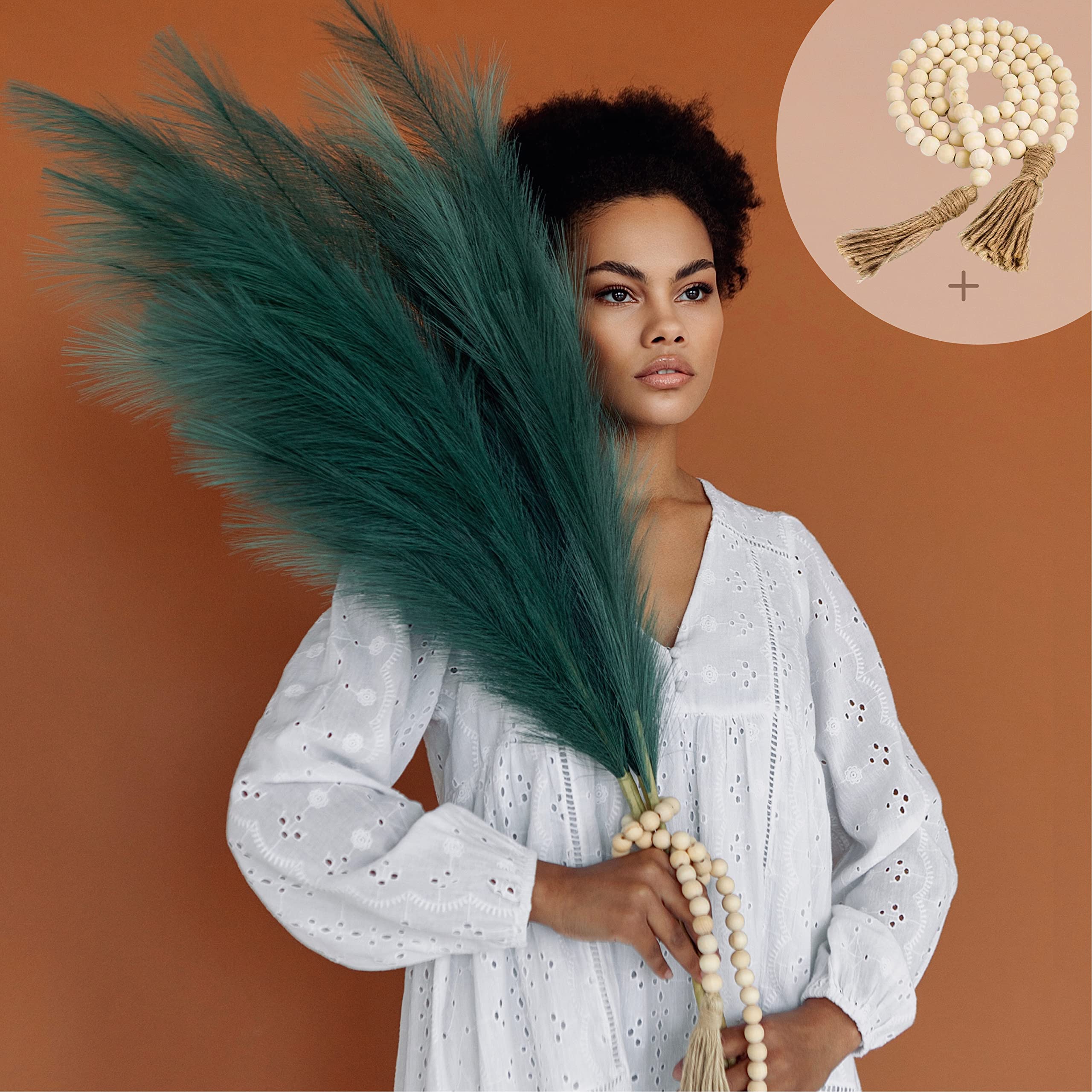 Buy 3 Stems Faux Pampas Grass Large & Boho Wooden Beads 43Inch