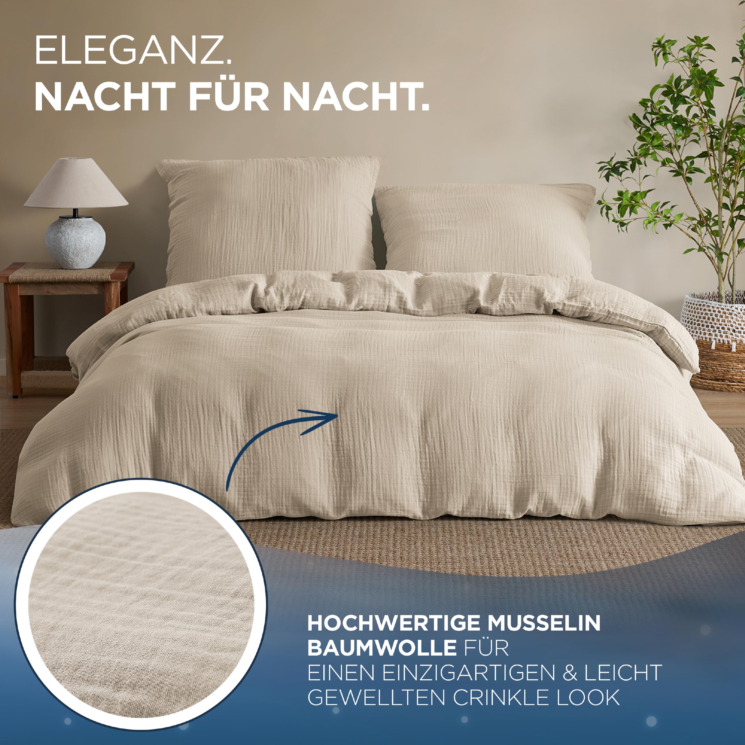 Samthus Pościel muślinowa ze 100% bawełny – Öko-Tex Made in Green – niebiańsko miękki sen – zestaw pościeli bez prasowania z 1 x poszwa na kołdrę 155 x 220 + 1 x poszewka na poduszkę 80 x 80 cm