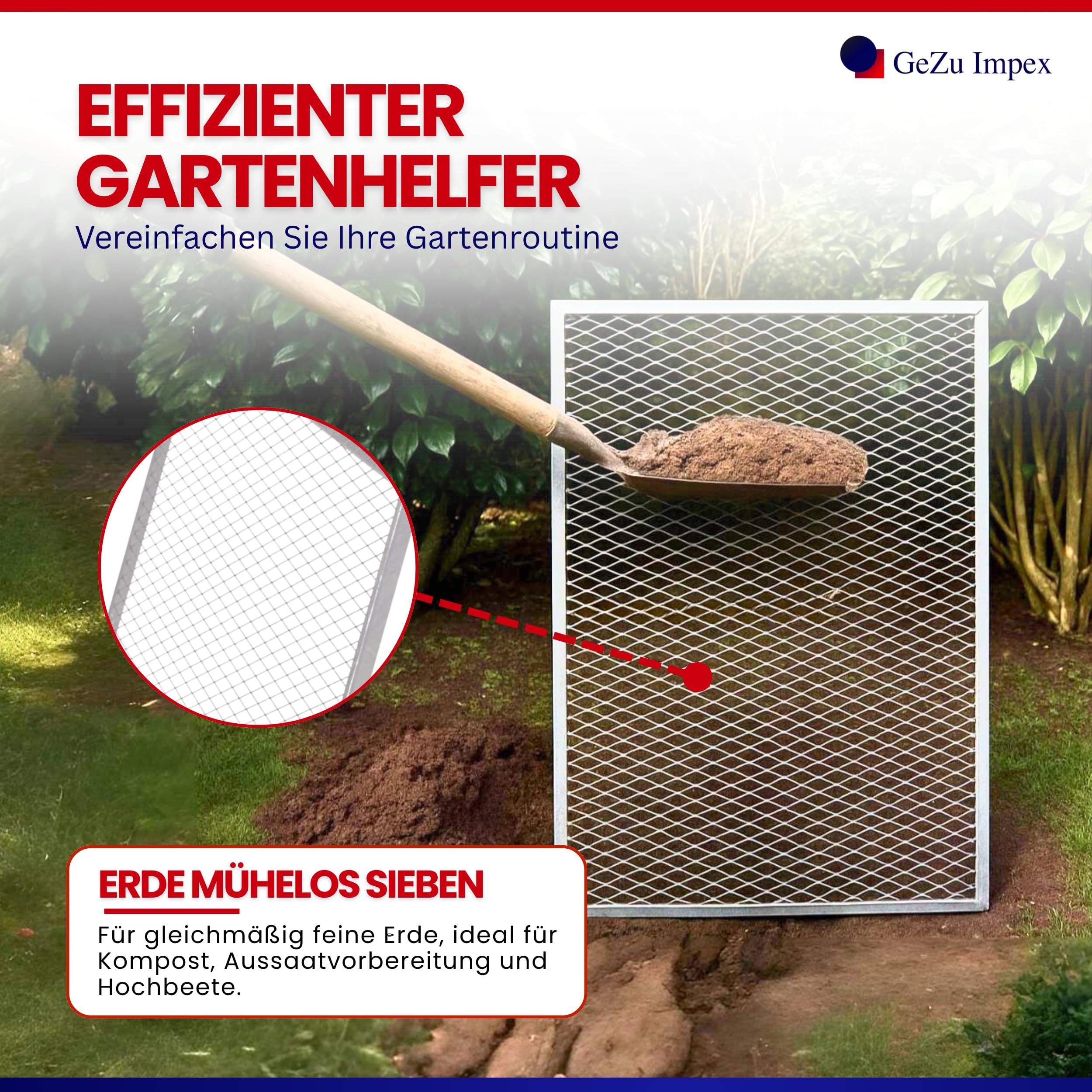 GeZu Impex Erdsieb 100x60cm Feuerverzinkt Kompost Durchwurfgitter Durchwurfsieb für Erde Steinen und Sand