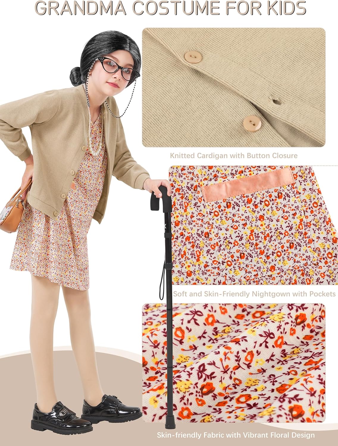 8 Pieces Old Lady Costume for Girls, 100 Days of School Costume for Kids Grandma Wig Granny Dress Cosplay Outifits - Image 2