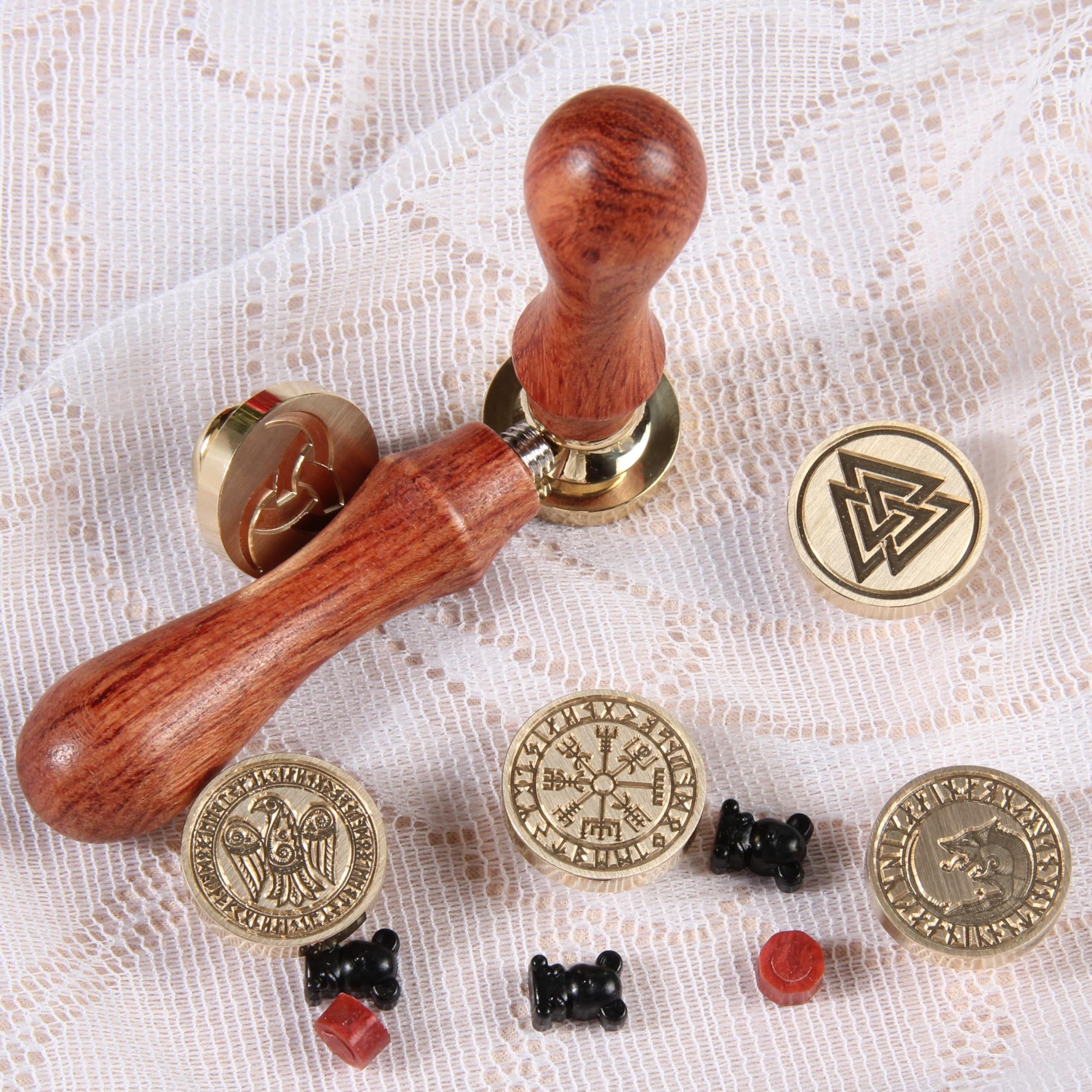 Vegvisir Viking Rune Wax Seal Stamp Set 6PCS Vegvisir Viking Sealing Wax Stamp Heads 0.98''/25mm Custom Wax Stamp 1PCS Wooden Hilt Sealing Stamp Set
