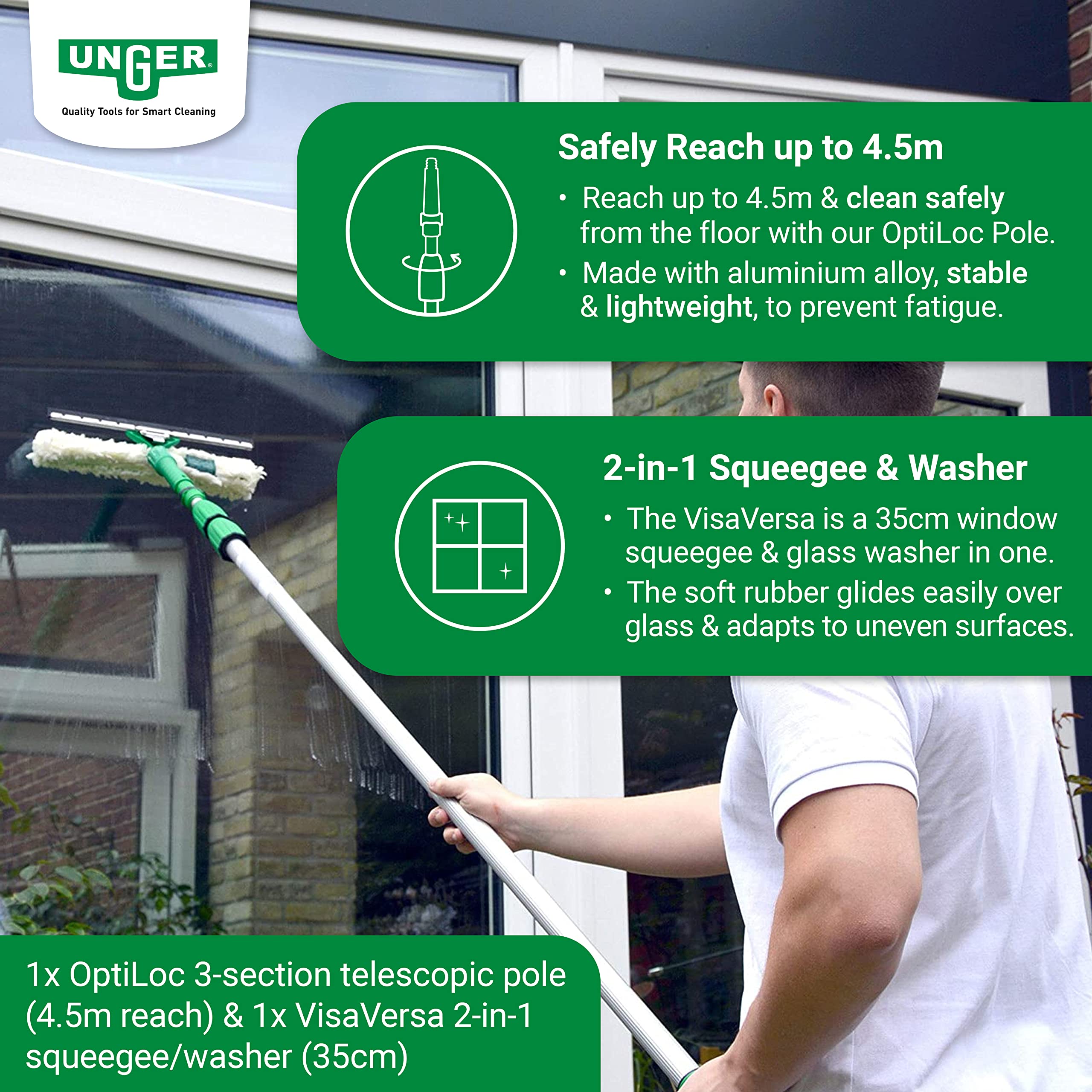 UNGER AK130 - Set di pulizia per giardino d'inverno (con detergente, lavavetri, asta di prolunga, panni in microfibra, pulizia senza aloni)