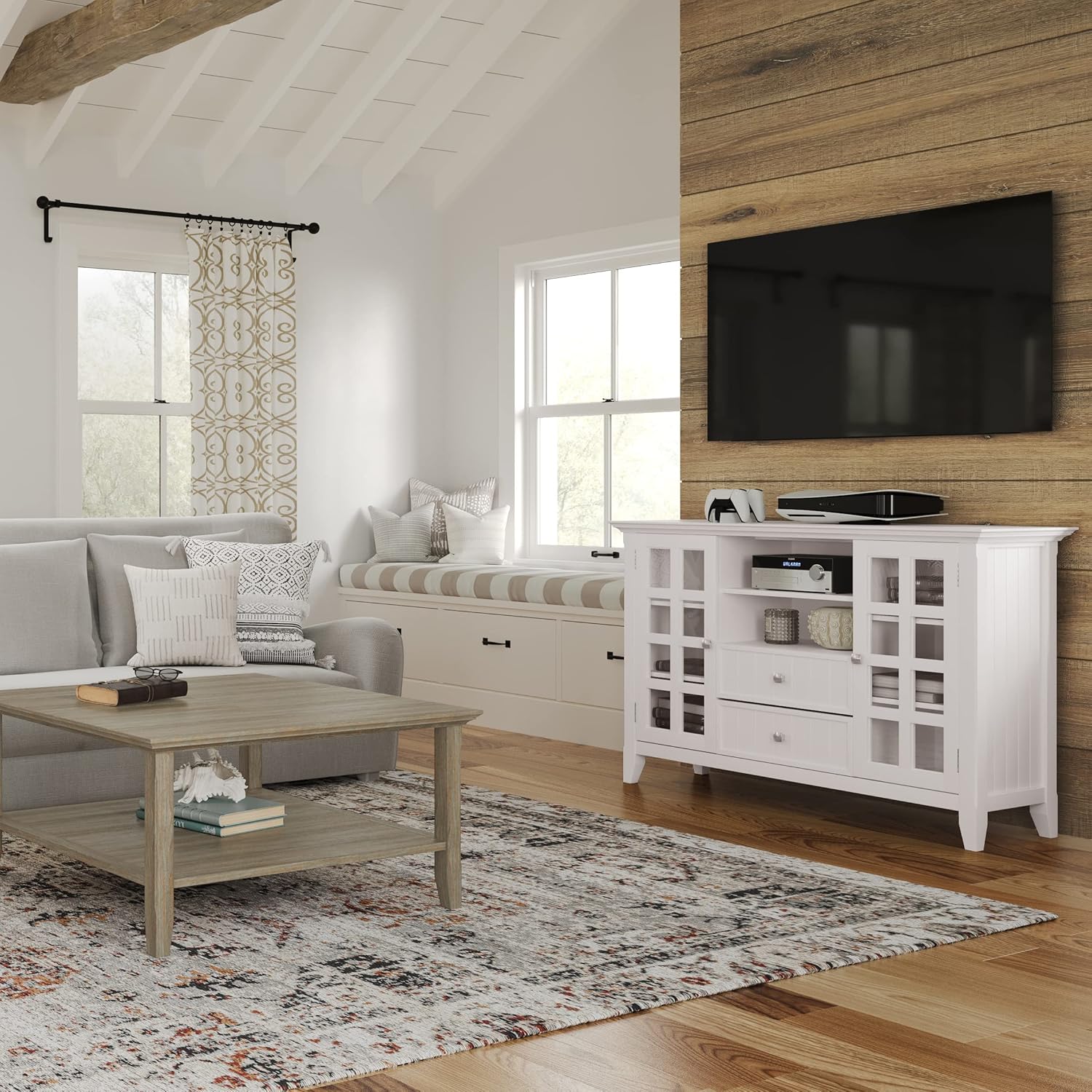 SIMPLIHOME Acadian TV Stand - 53 inch Wide Solid Wood Tall Media Console in White, Transitional Entertainment Center for Living Room for TVs up to 60 Inches with Glass Cabinets and Cord Management