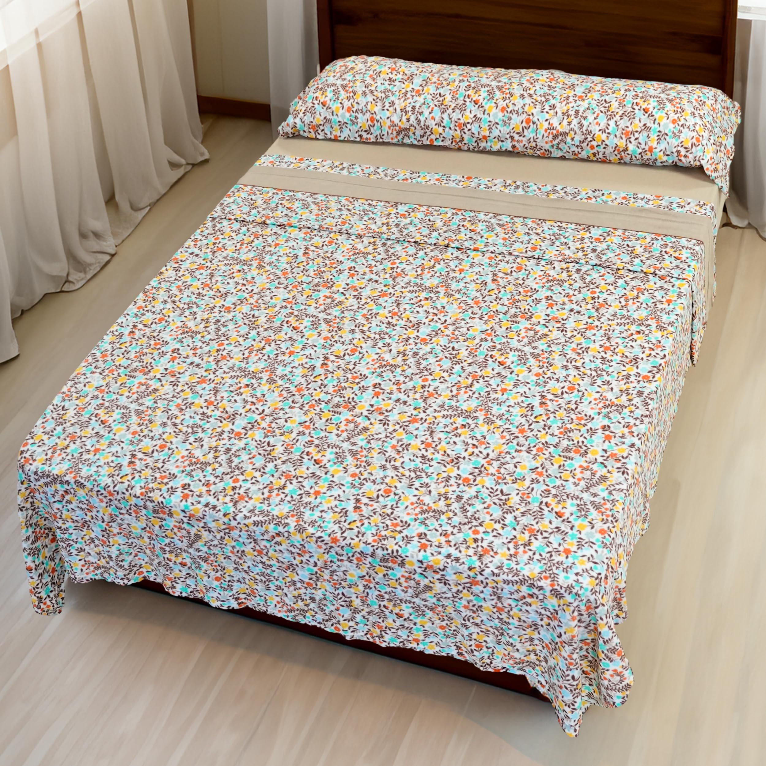 Etrexonline Juego de Sábanas Térmicas Pirineo 3 Piezas para Cama de 135 – Sábanas de Invierno Tejido Polar, Incluye Sábana Bajera Ajustable, Encimera y Funda de Almohada - Flor Marrón