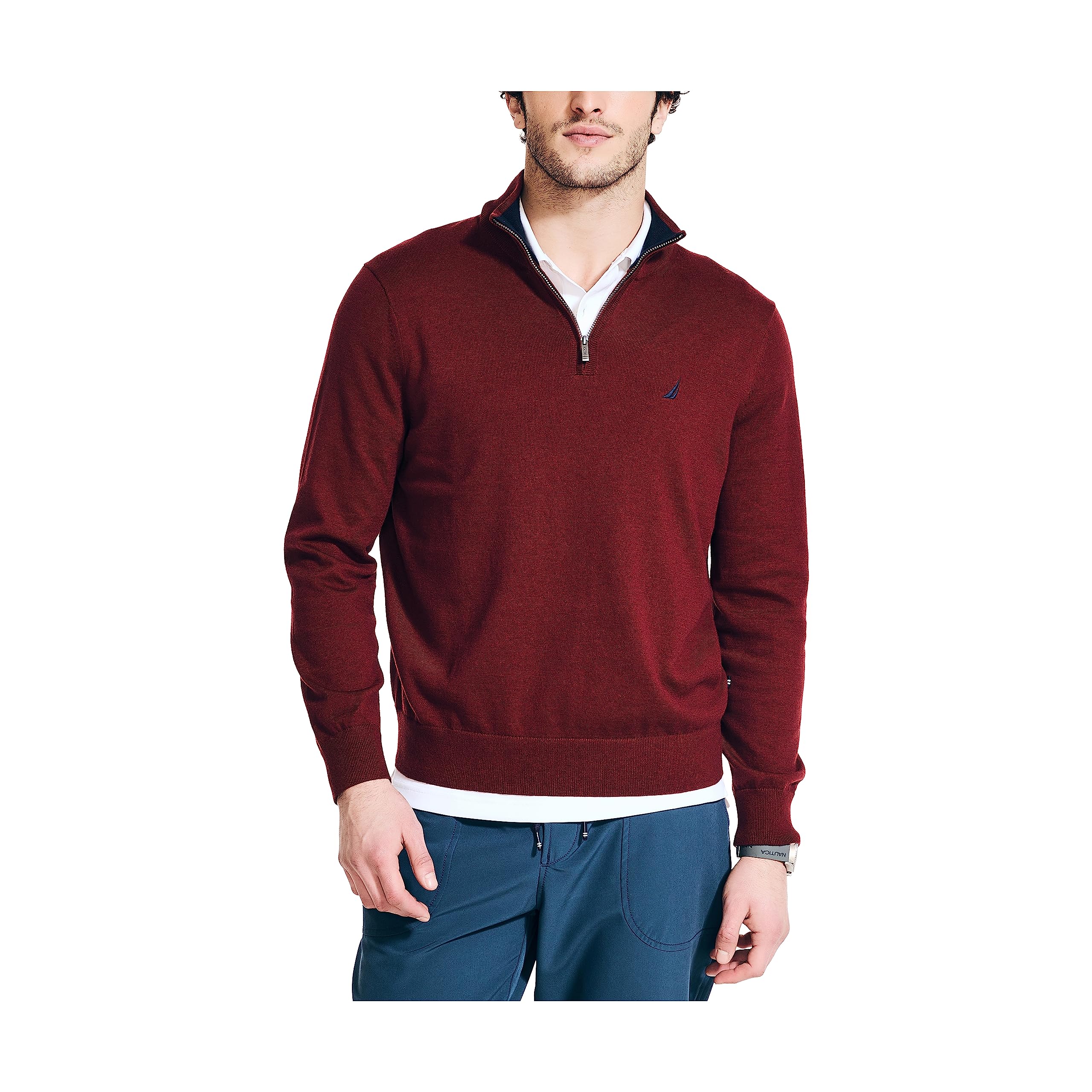 Nautica Men's Colorblock Quarter-Zip Hoodie — Fleece-Lined, Kangaroo Pocket, Relaxed Fit