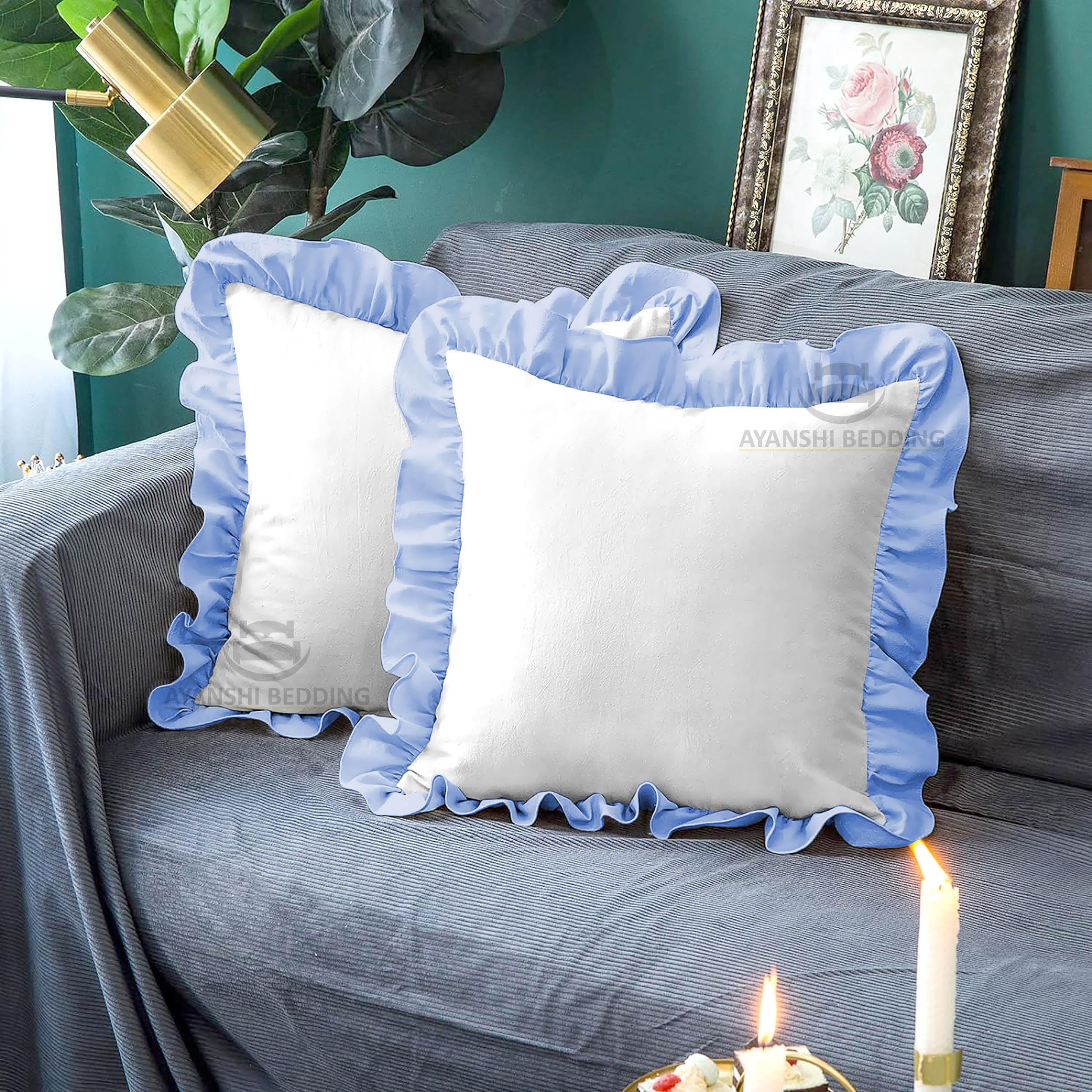Dual Tone Ruffle Pillow Shams Set of 2, 26X26 - Solid Ruffled Fringe Design Pillow Covers 26X26 Microfiber Soft & Breathable - Unique Collection Decorative Pillow Cases 26X26 - (White-Sky Blue)