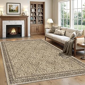 Rugland 8x10 Area Rugs - Stain Resistant Washable Rug, Anti Slip Rugs for Living Room, Vintage Tribal Area Rugs(Vintage01-Brown, 8'x10')