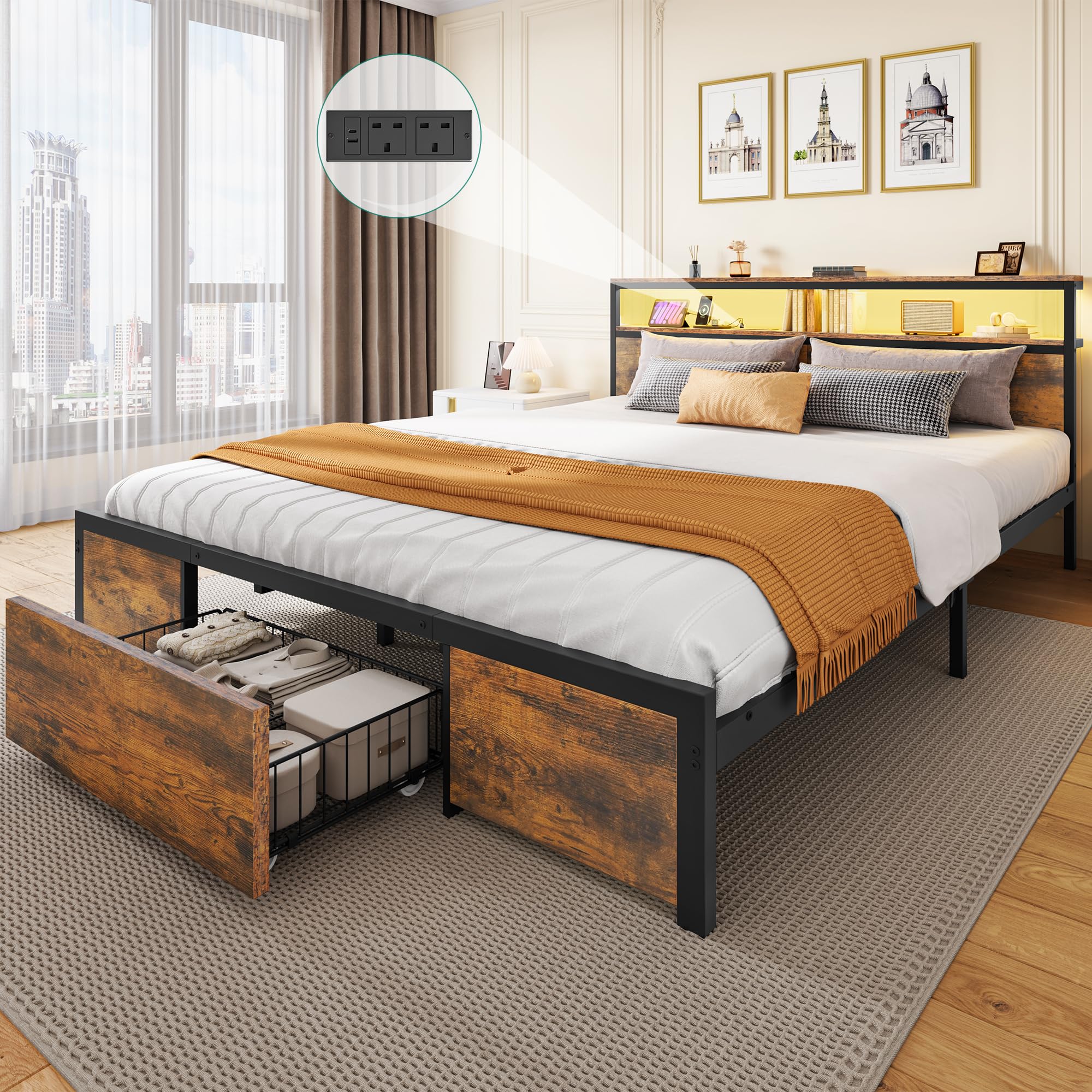 YITAHOME Bed Frame,LED with Headboard,Type-C USB Ports & Charging Outlets,Metal Platform Bed Frame No Box Spring Needed Super King Size Brown