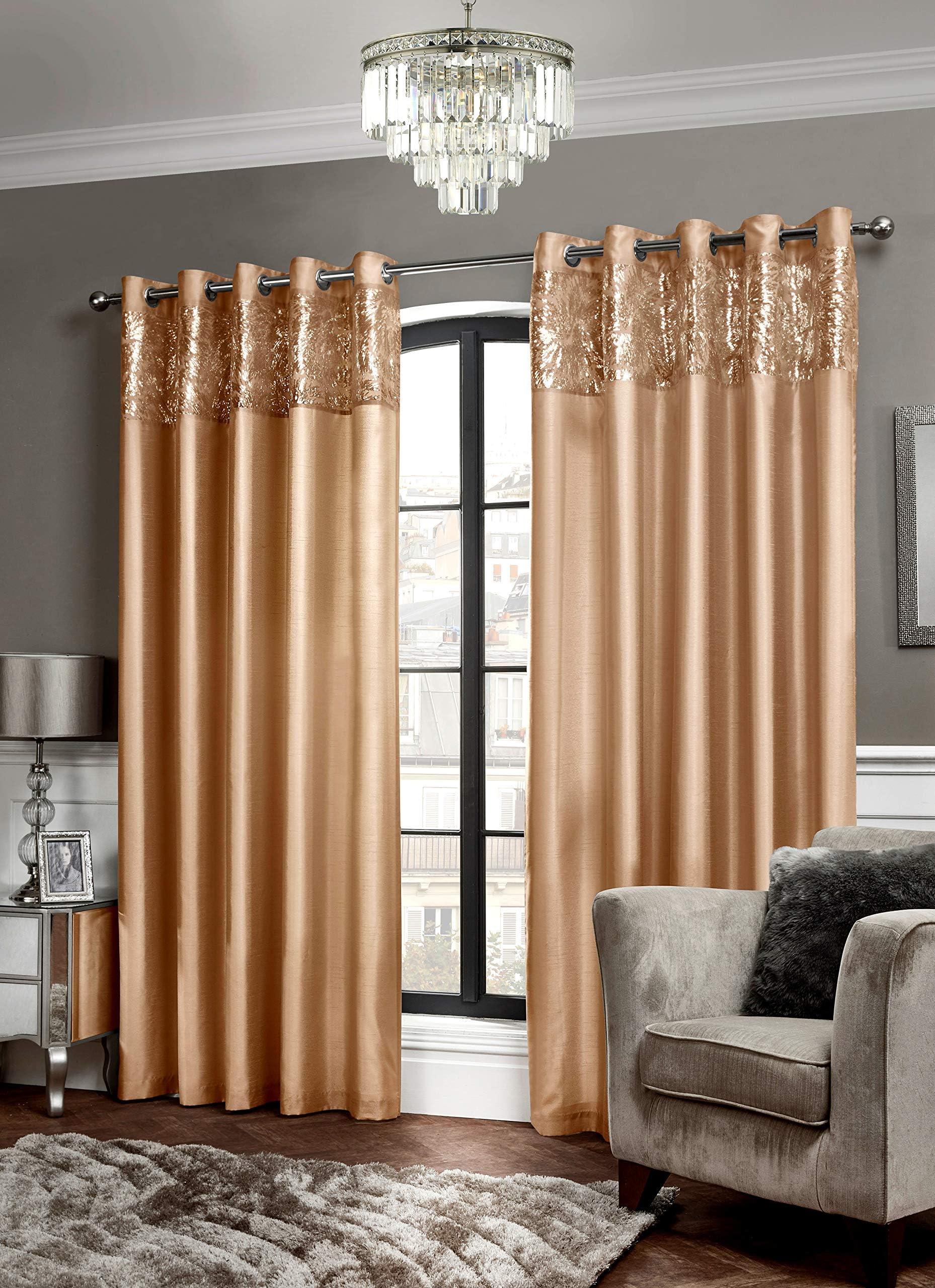SW Living 66" x 90" (168x228cm) Luxury Latte FIne Sequin Top Border Faux Silk Eyelet Ring Top Read Made Pair Curtains Lined Including Tiebacks