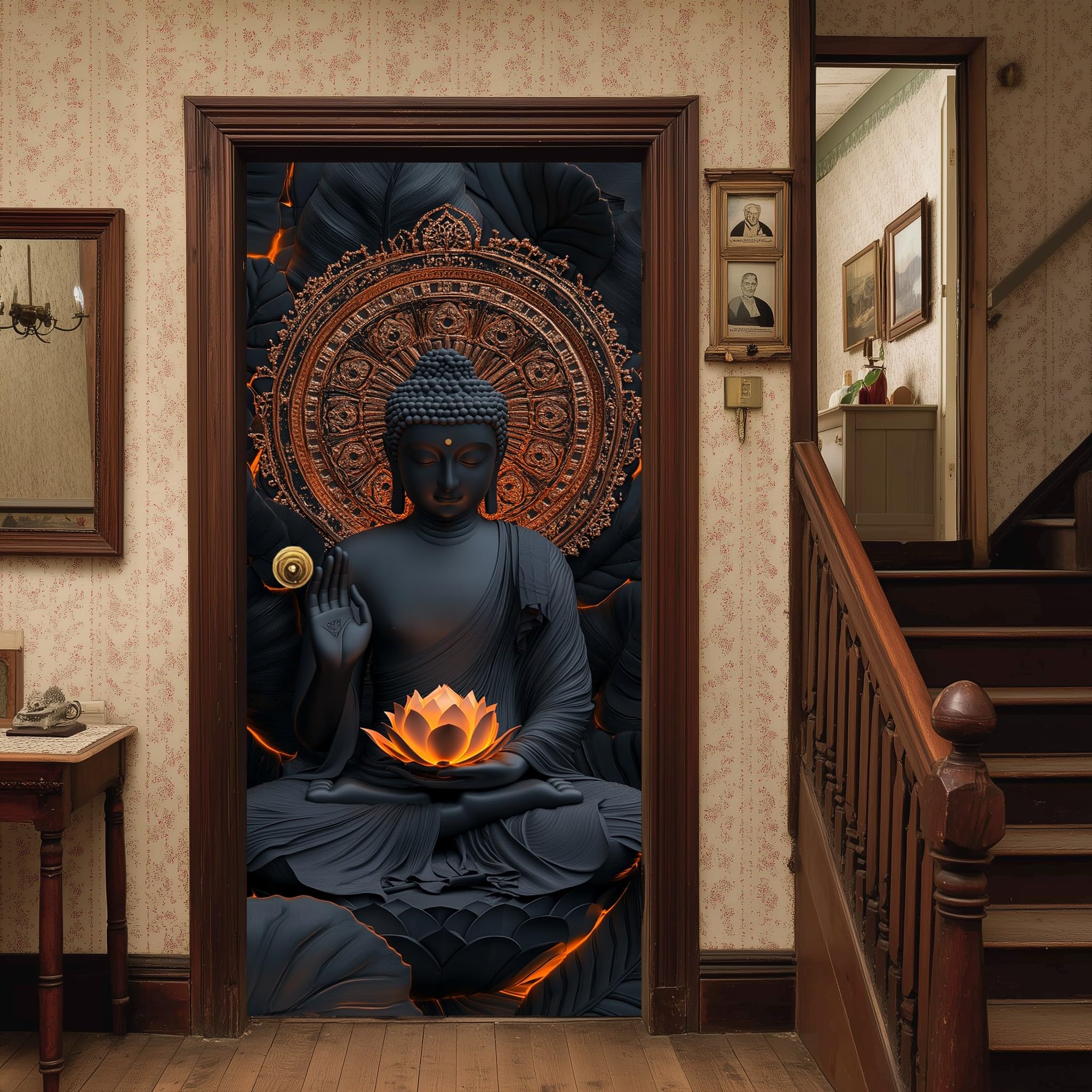 Buddha Asiatico Pellicola Decorativa per Porte InterneLoto 100x200 cm | per Meditazione Poster Muro e Adesivi da Parete 3D, Aureola Mandala Carta Adesiva per Protezione Mobili, Lavabile