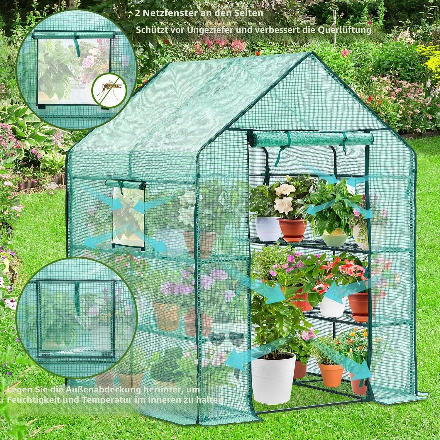 Ohuhu Gewächshaus Foliengewächshaus 3 Tiers 12 Regale | Winterfest & Stabil | Tomatengewächshaus für Pflanzen mit PE-Abdeckung | Tomatenhaus für Garten 145x145x195 cm Grün