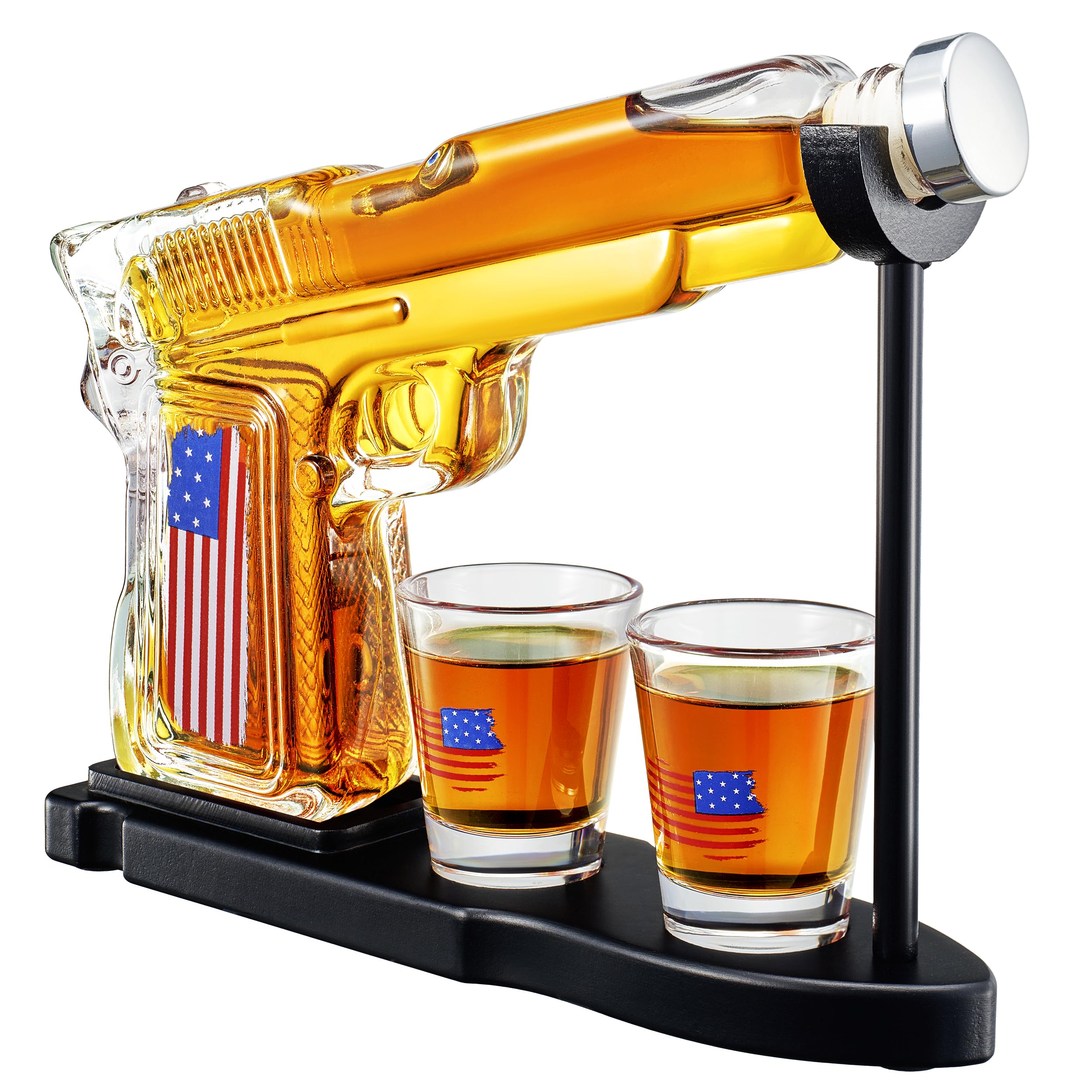 Patriotic Gun Whiskey Decanter Set, 2 American Flag Shot Glasses &amp; Stand - Best Unique Gifts for Men, Birth Day Gift, Men. Pistol Liquor Dispenser Novelty Present for Home Bar Decor. Gifts for Him