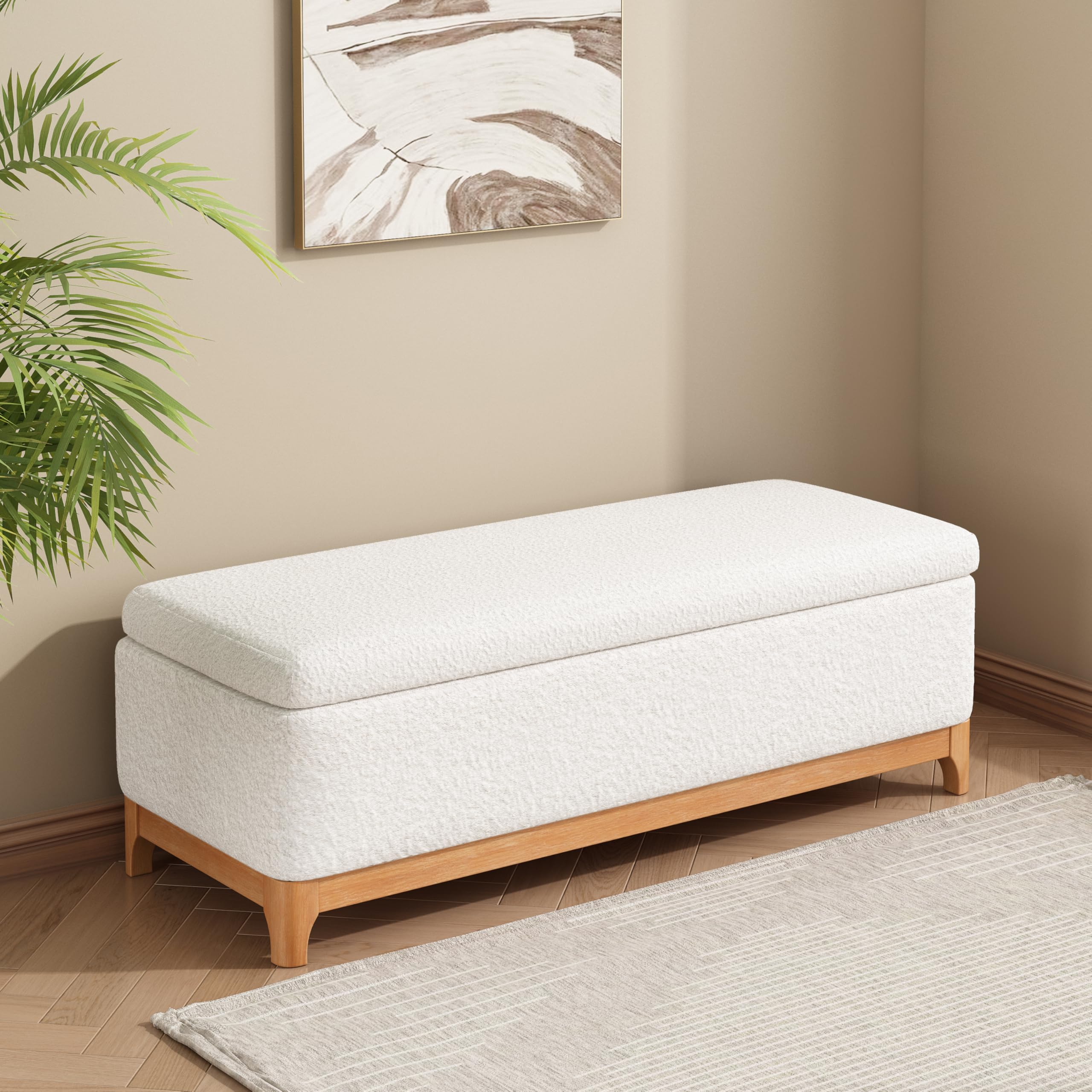 Christopher Knight Home Nesley Upholstered Ottoman with Storage for Living Room, Boucle Fabric Modern Storage Ottoman Foot Rest, Wooden Bedroom