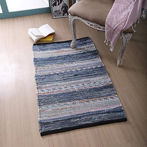 Miniatura 39 de Alfombra de trapo 100% algodón de 2 x 3 pies, lavable multicolor, alfombra Chindi tejida a mano y reversible para sala de estar, cocina, entrada