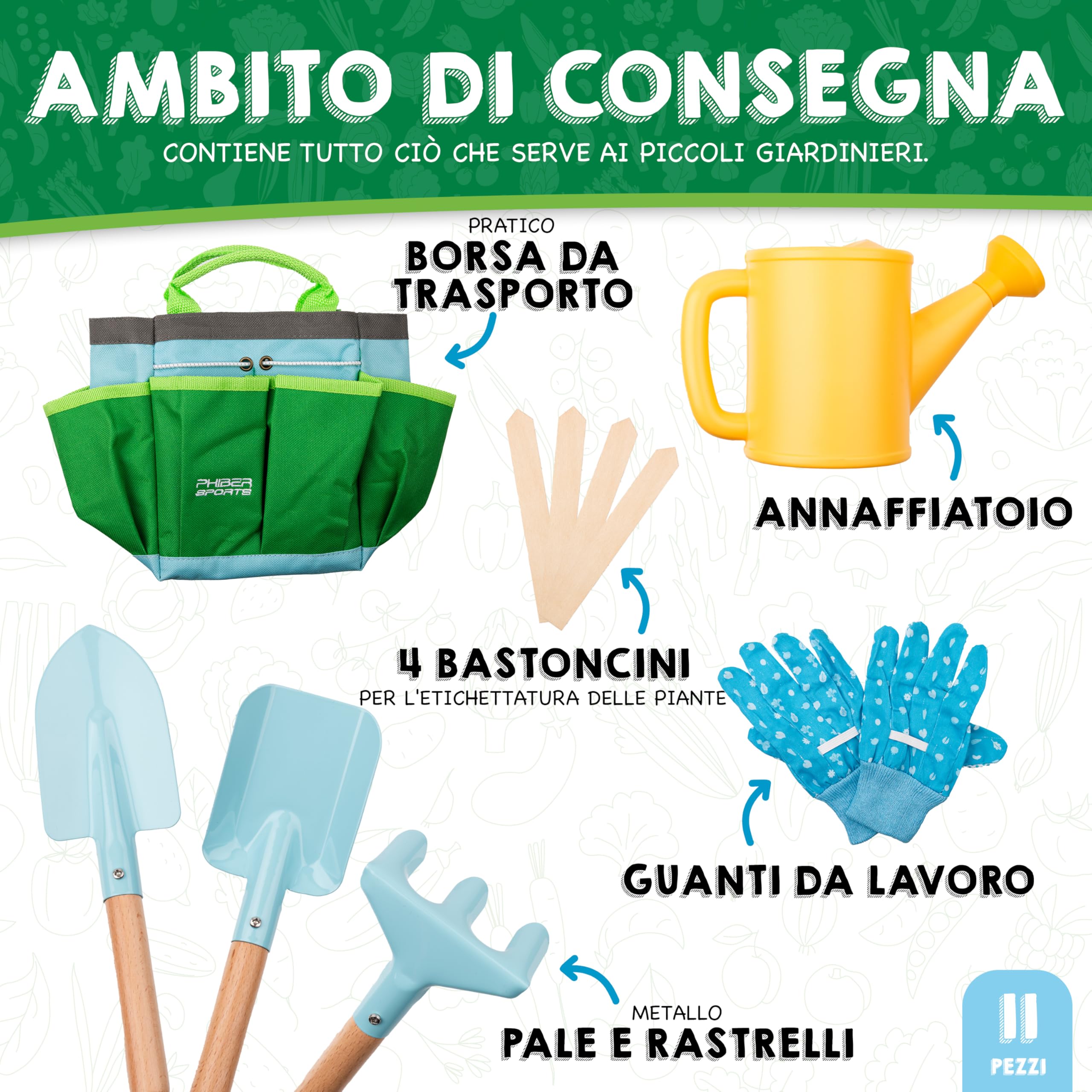 PHIBER-SPORTS Set di Attrezzi da Giardino per Bambini (11 Pezzi) - Attrezzi da Giardinaggio per Bambini dai 3 Anni in su - Strumenti in Metallo, annaffiatoio, Guanti da Giardinaggio, Borsa