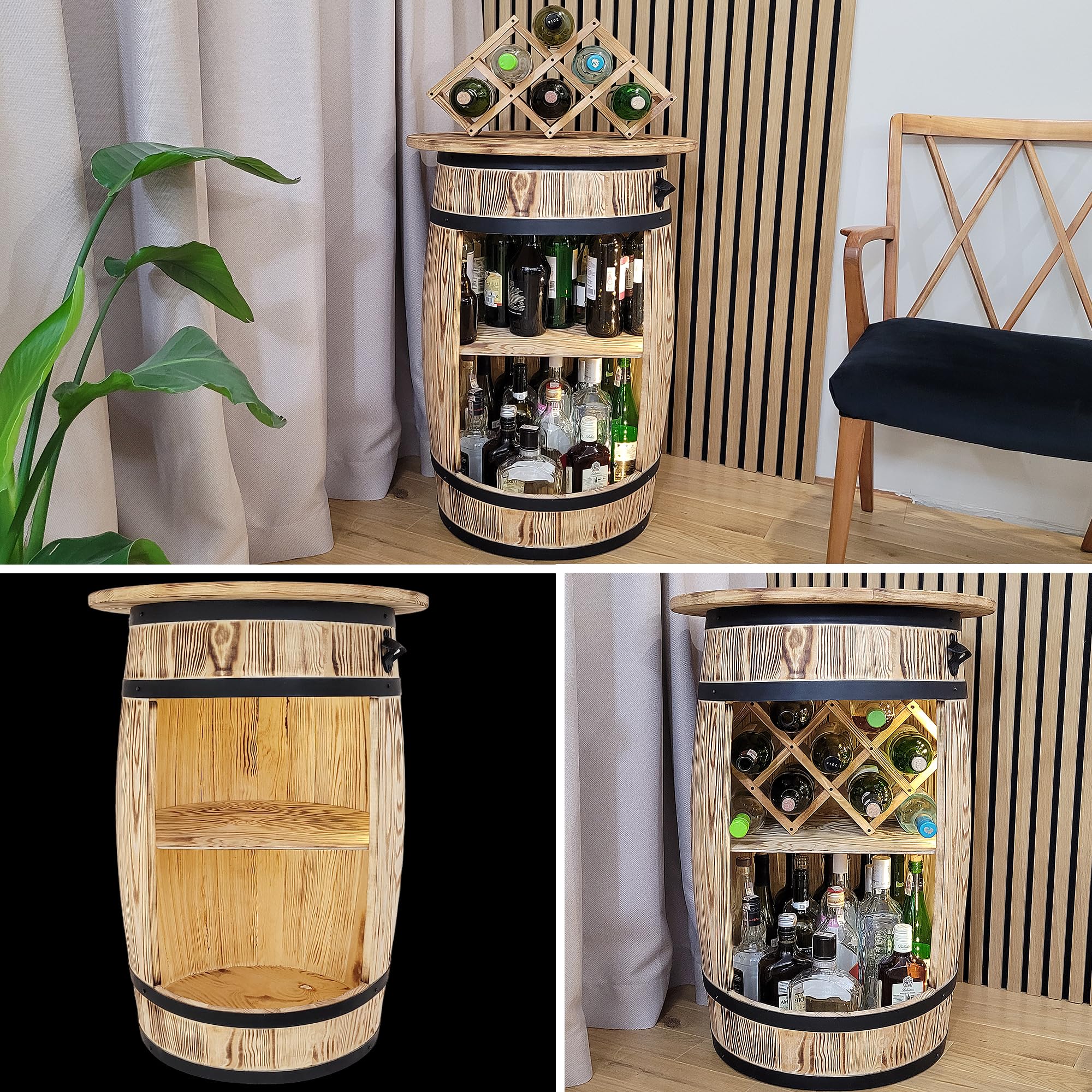 weeco Tonneau en bois avec top blat et porte-vin et lampes LED - Table de bar - Armoire à vin de style rétro - Table de bar - Baril en bois avec couvercle - 80 x 50 cm