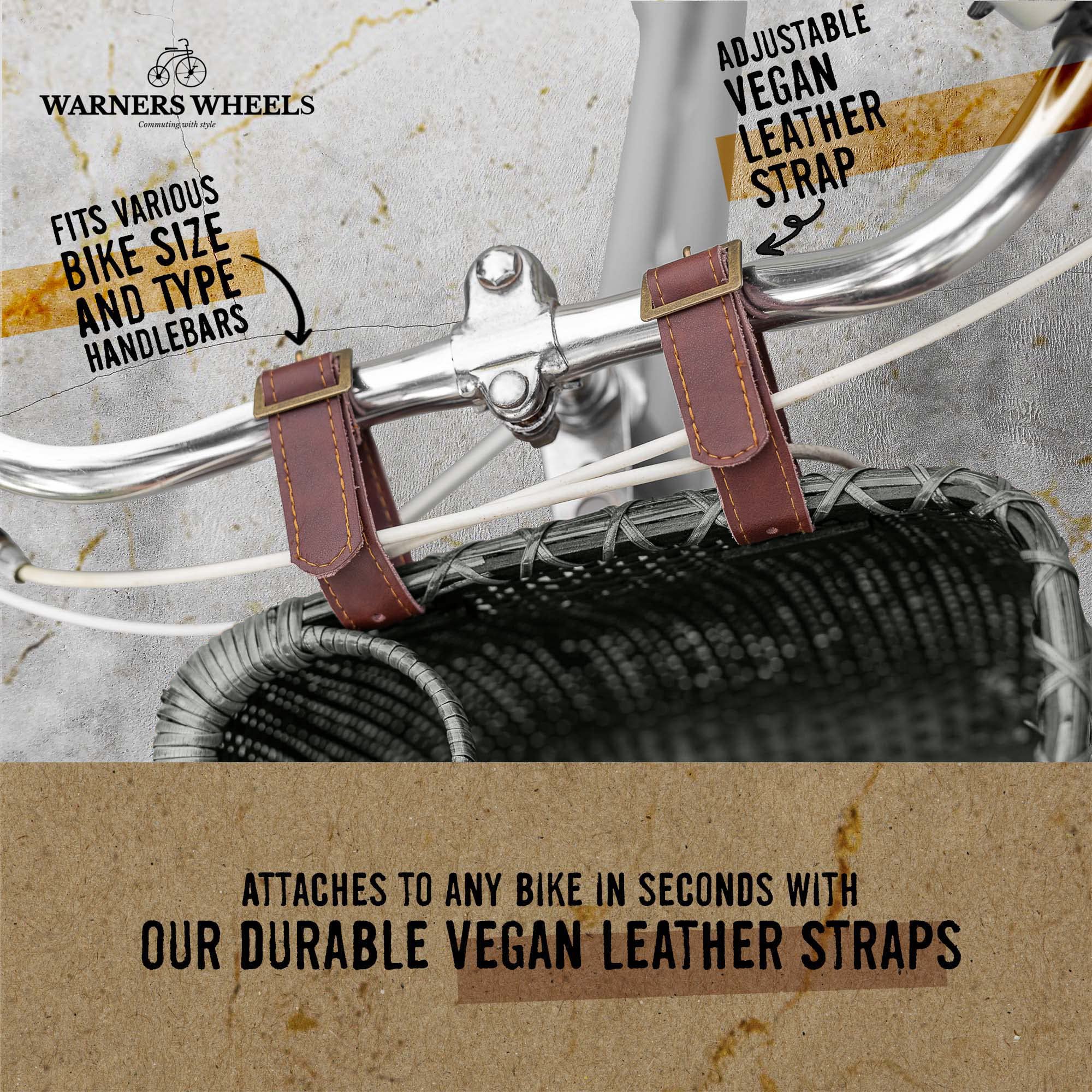 WARNERS WHEELS Fahrradkorb für Damen Cruiser mit Kaffeetassenhalter, handgefertigte gewebte Fahrradkörbe, Befestigung an Frontlenkern von Beach Cruisern oder Rollern mit veganen Lederriemen