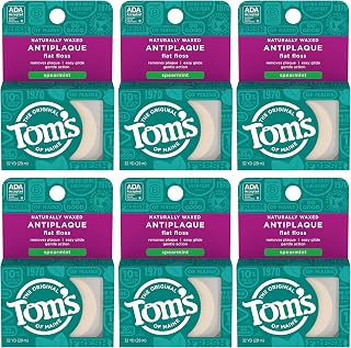 Tom's of Maine Spearmint Naturally Waxed Antiplaque Flat Dental Floss, 32 Yards, 6-Pack - Strong, Gentle Natural Clean