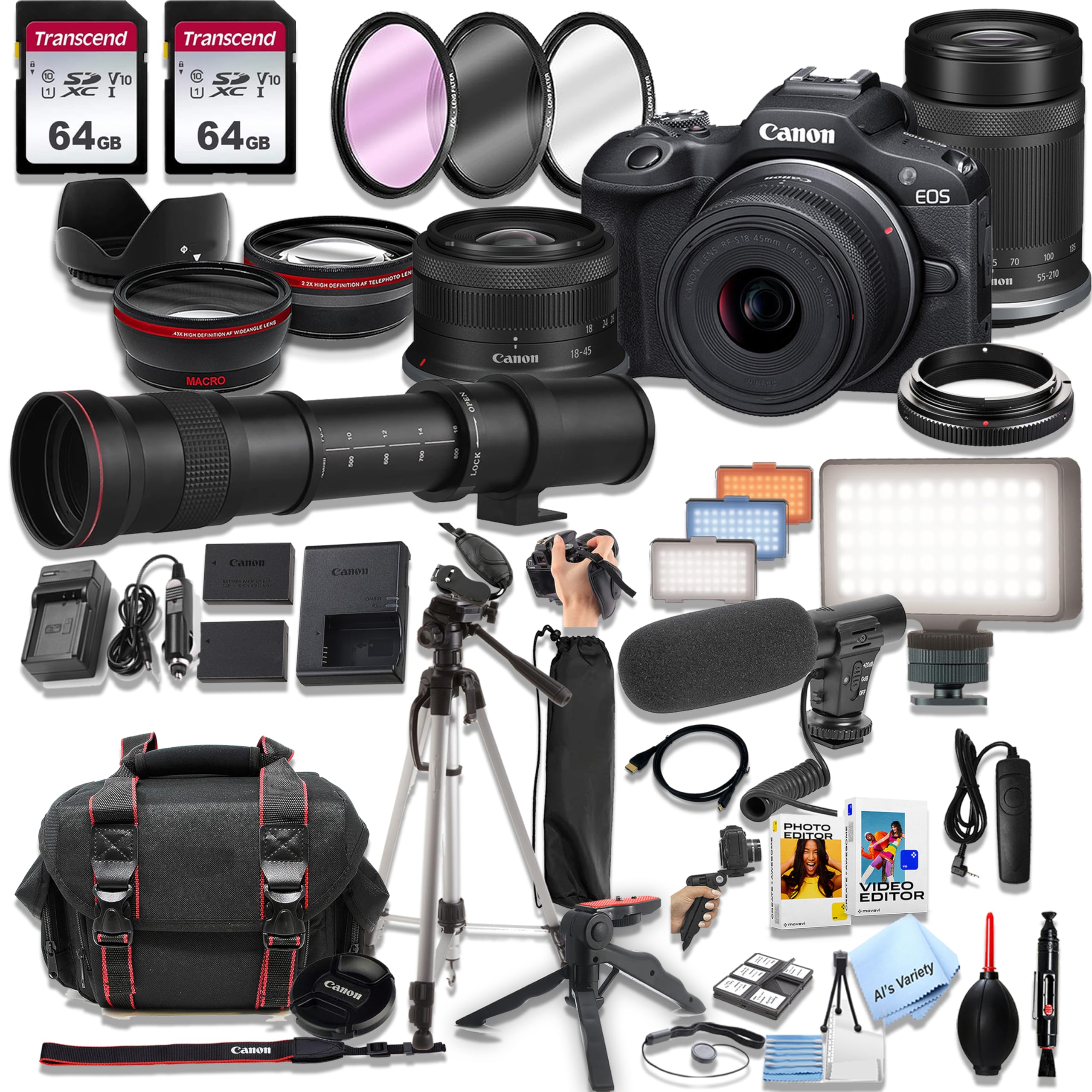 Canon EOS R100 Mirrorless Camera18-45mm and 55-210mm Lenses + 420-800mm Super Telephoto Lens + 128GB Memory, LED Light, Microphone, Spare Battery, Filters, Case, Tripod, and More (45pc Video Bundle)
