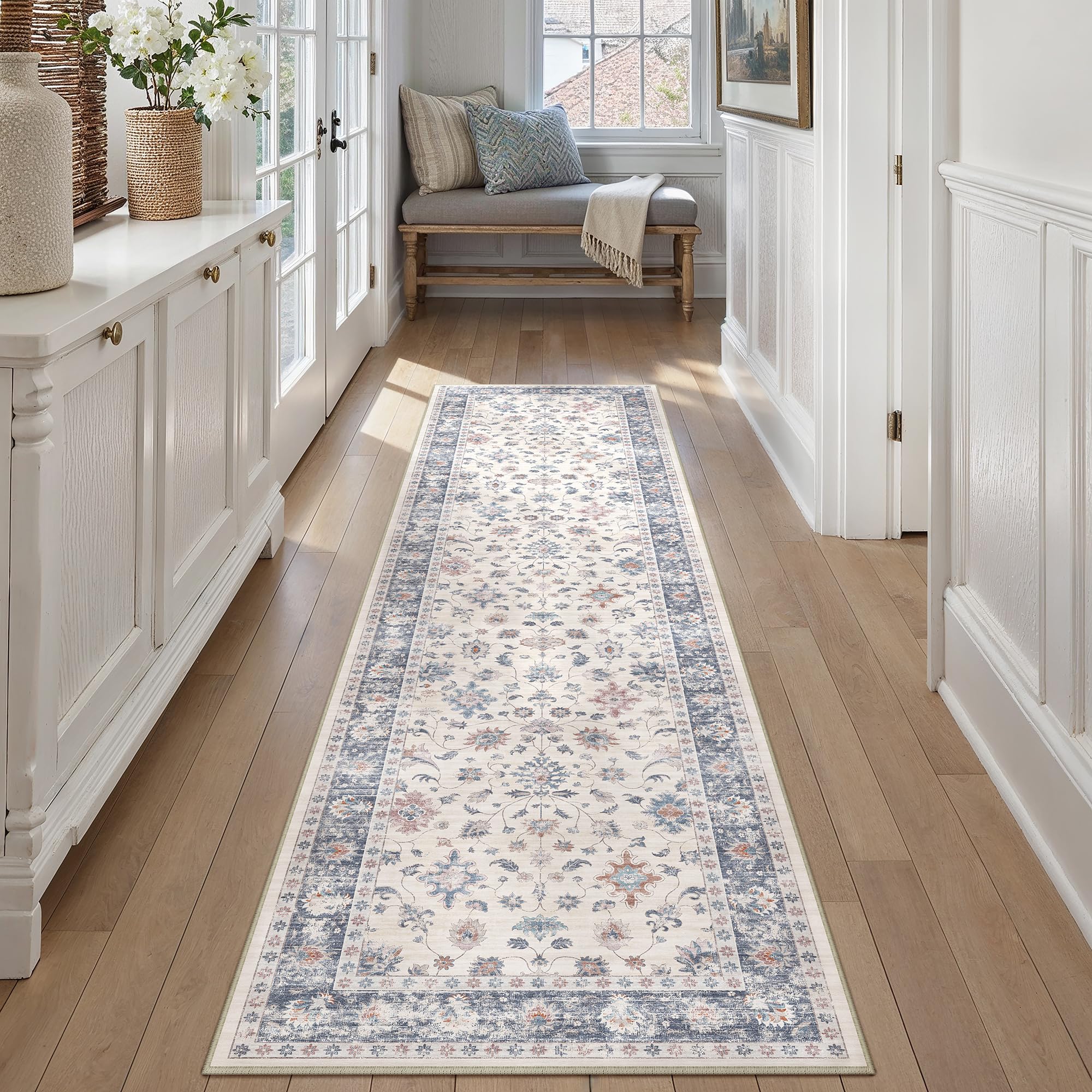 PureCozy Runner Rugs for Hallway 60x240cm Long Vintage Area Rug Washable Non Slip Lounge Bedroom Kitchen Bedside Office Corridor Indoor Floral Bobo Carpet Low Pile, Blue & White — image 1