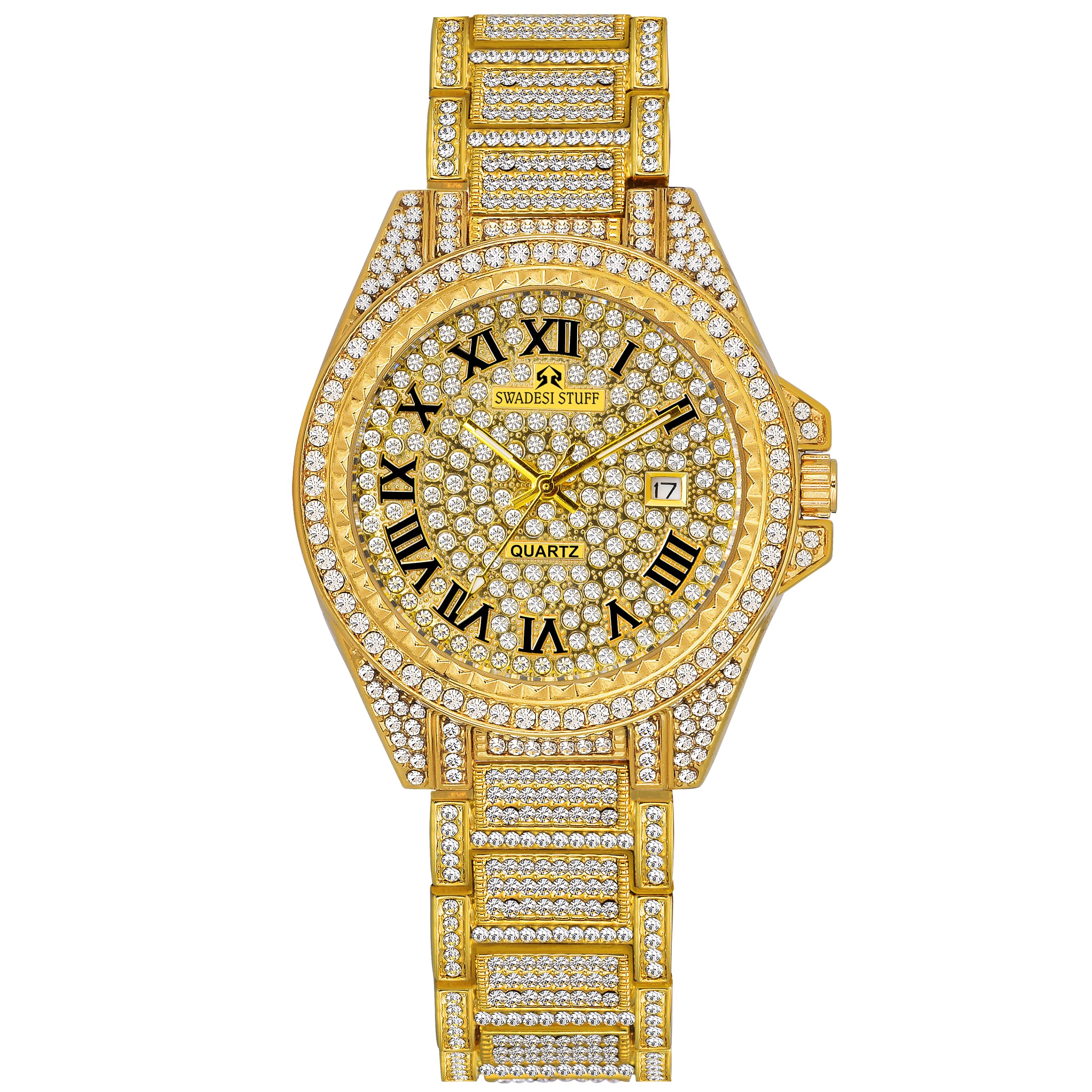 SWADESI STUFFGlint Hand-Studded Diamonds Date Dial Premium Luxury Stainless Steel Strap Analog Watch for Men