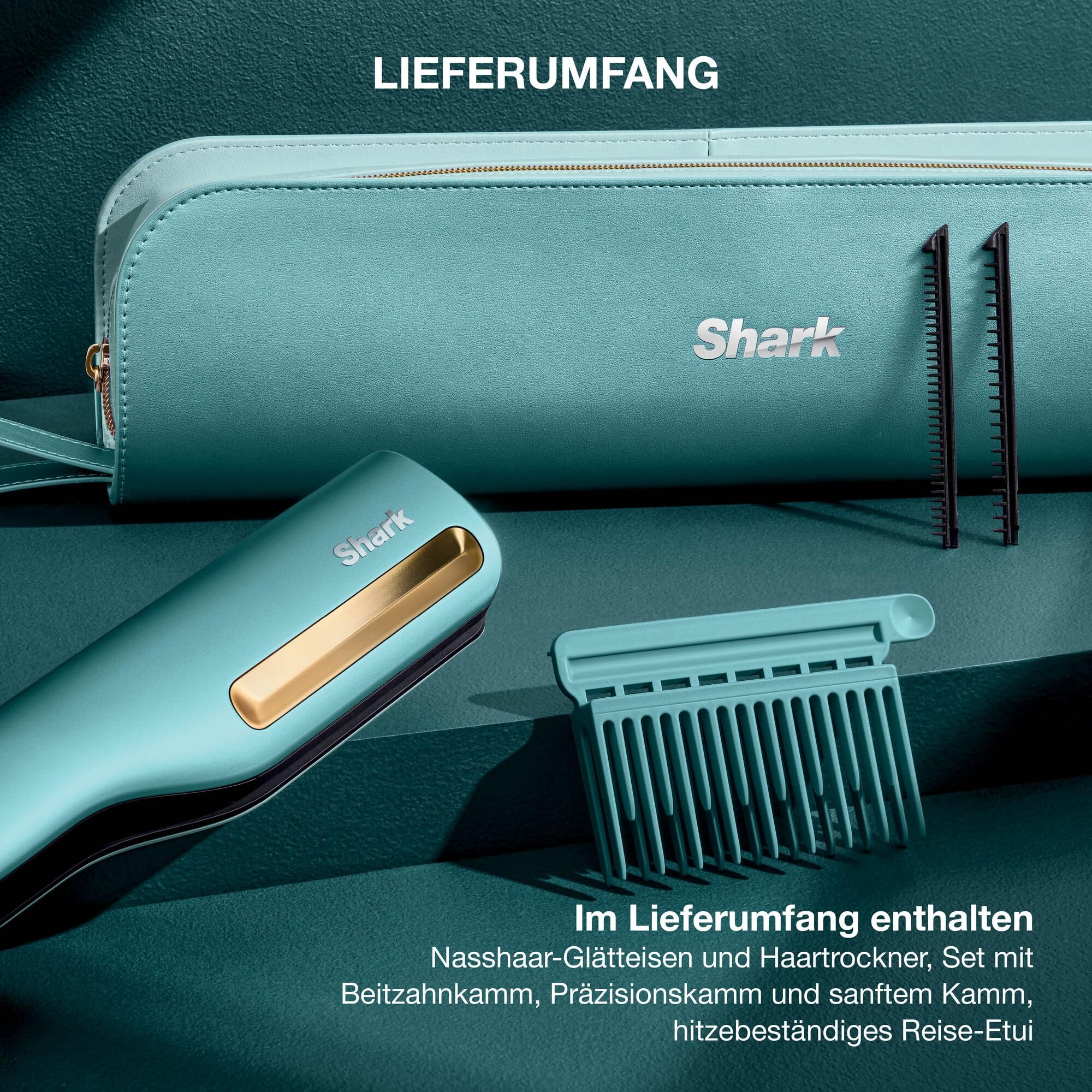 Shark SilkiPro Straight Glätteisen + Haartrockner in einem mit hitzebeständiger Aufbewahrungsbox – Turquoise Wave [HT401EUBL]