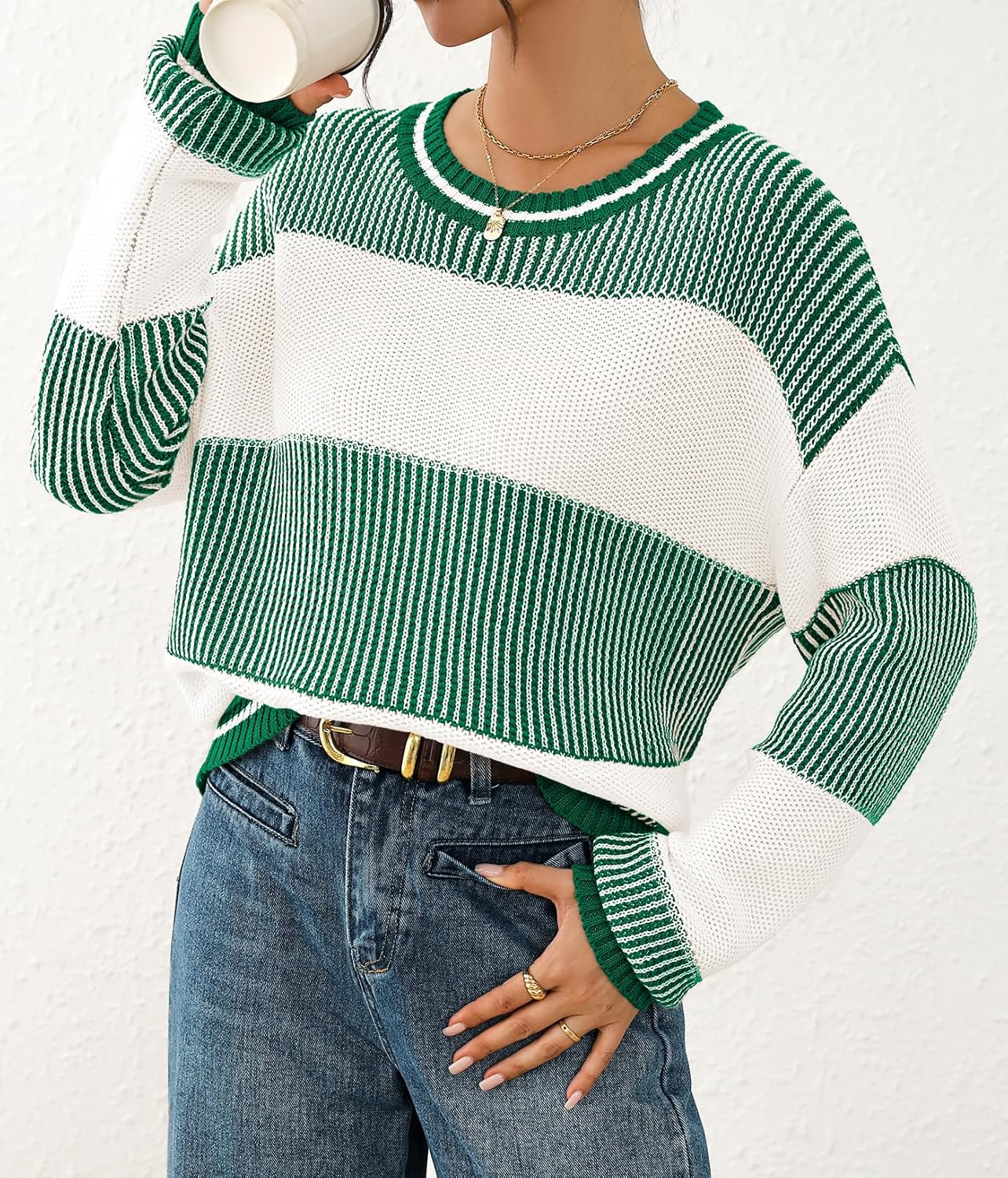 Viottiset Women's 2025 Fall Fashion Crew Neck Long Sleeve Striped Color Block Knit Loose Pullover Sweater Tops - Image 5