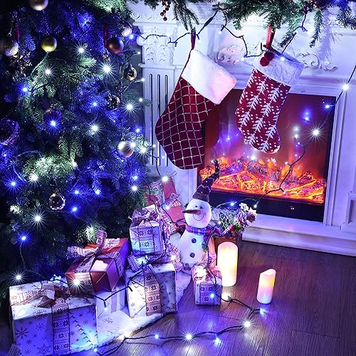 Miniatura 4 de Brizled Luces de Navidad azules y blancas, 33 pies, 100 luces LED de 0.197 in de gran angular, mini tira de luces conectables, luz de árbol de
