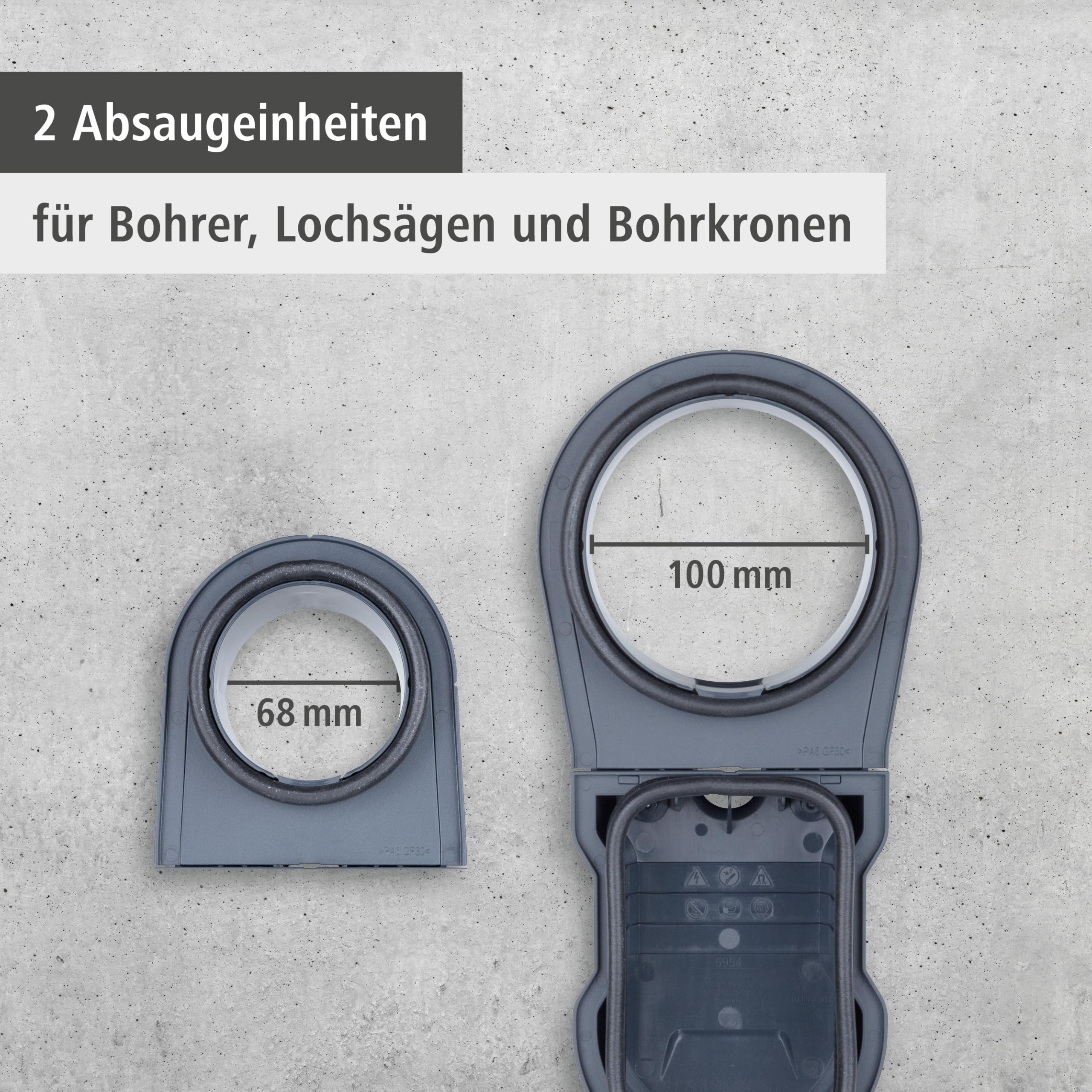 wolfcraft Staubabsaugung HSD 68/100 - Staubfrei Bohren mit Lochsäge & Bohrer - 3-teiliges Absaugsystem Ø 68/100 mm für Wand, Decke & Beton - 5954000