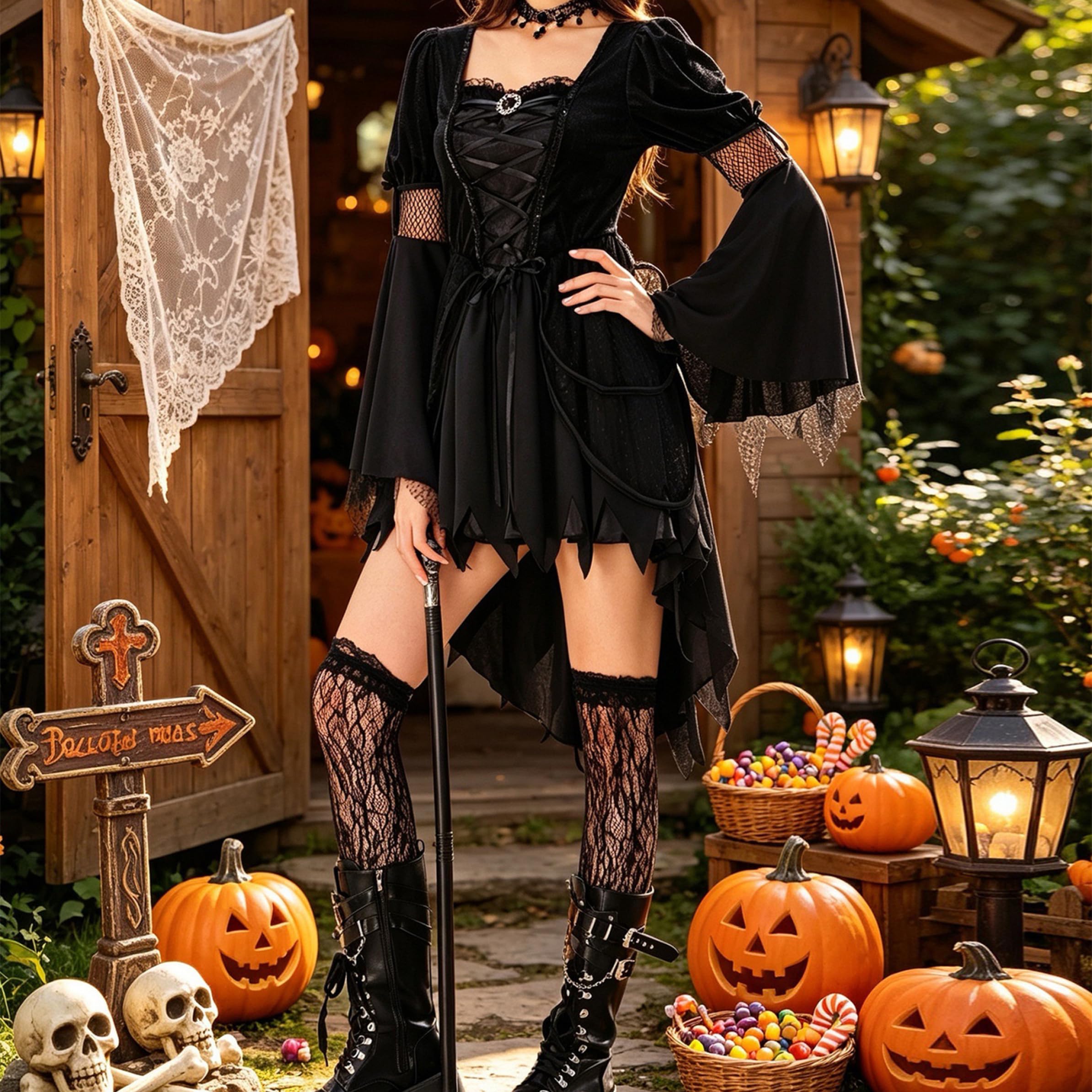 Costume da strega, set completo da donna, abito gotico nero M