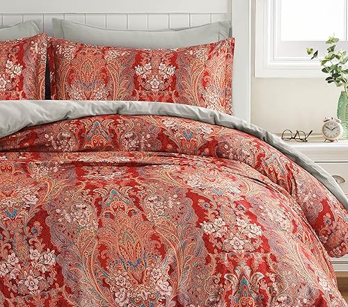 eikei Boho Paisley, impresión de lujo edredón y Shams 3piezas Juego de cama bohemia damasco medallón 350TC satén de algodón egipcio, Algodón, Dorado