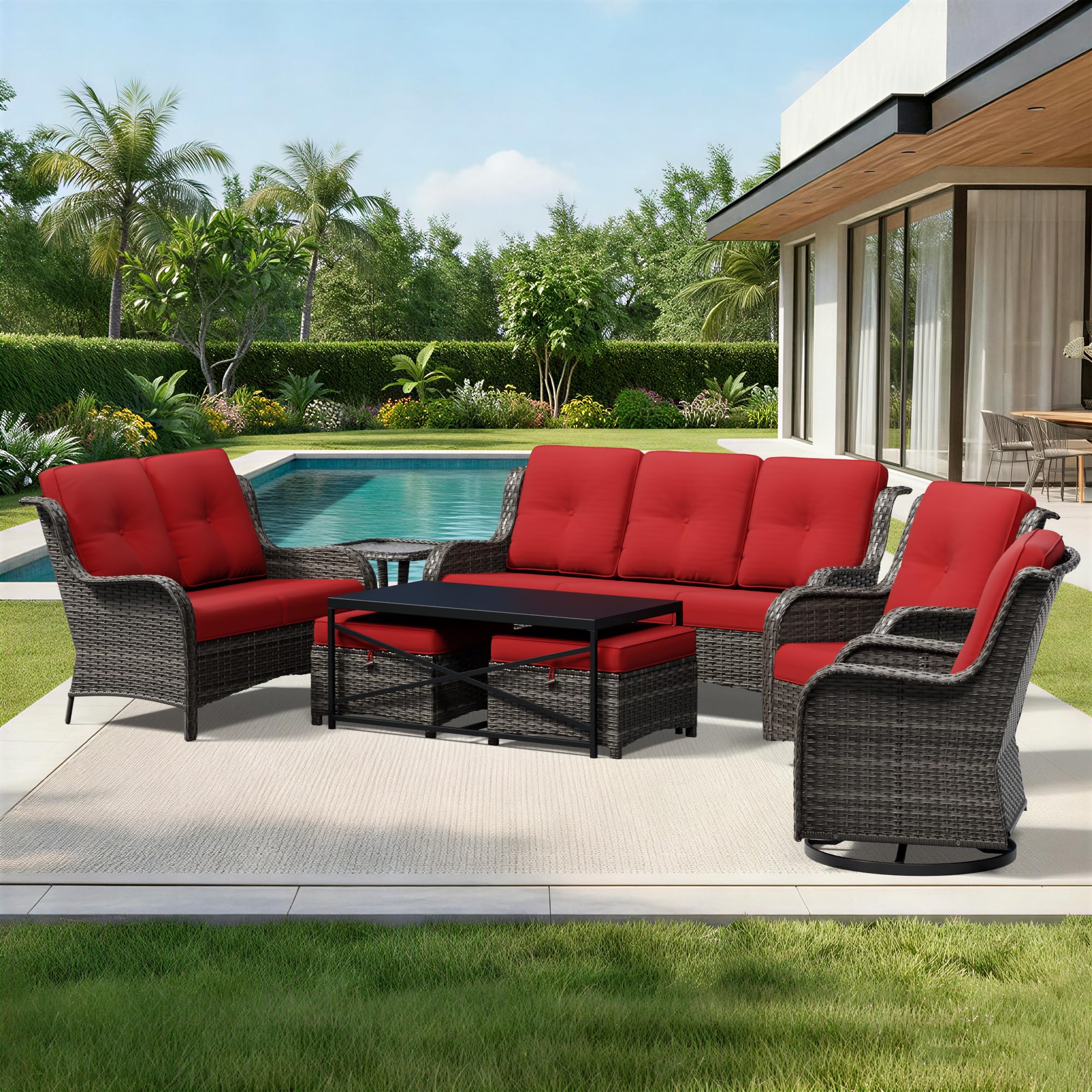 Joyside 8 Piece Wicker Patio Furniture Set, Outdoor Swivel Rocker Patio Chairs with High Back, Deep Seating, Wide Armrest, Thickened Cushions, Outdoor Furniture for Deck, Porch Use