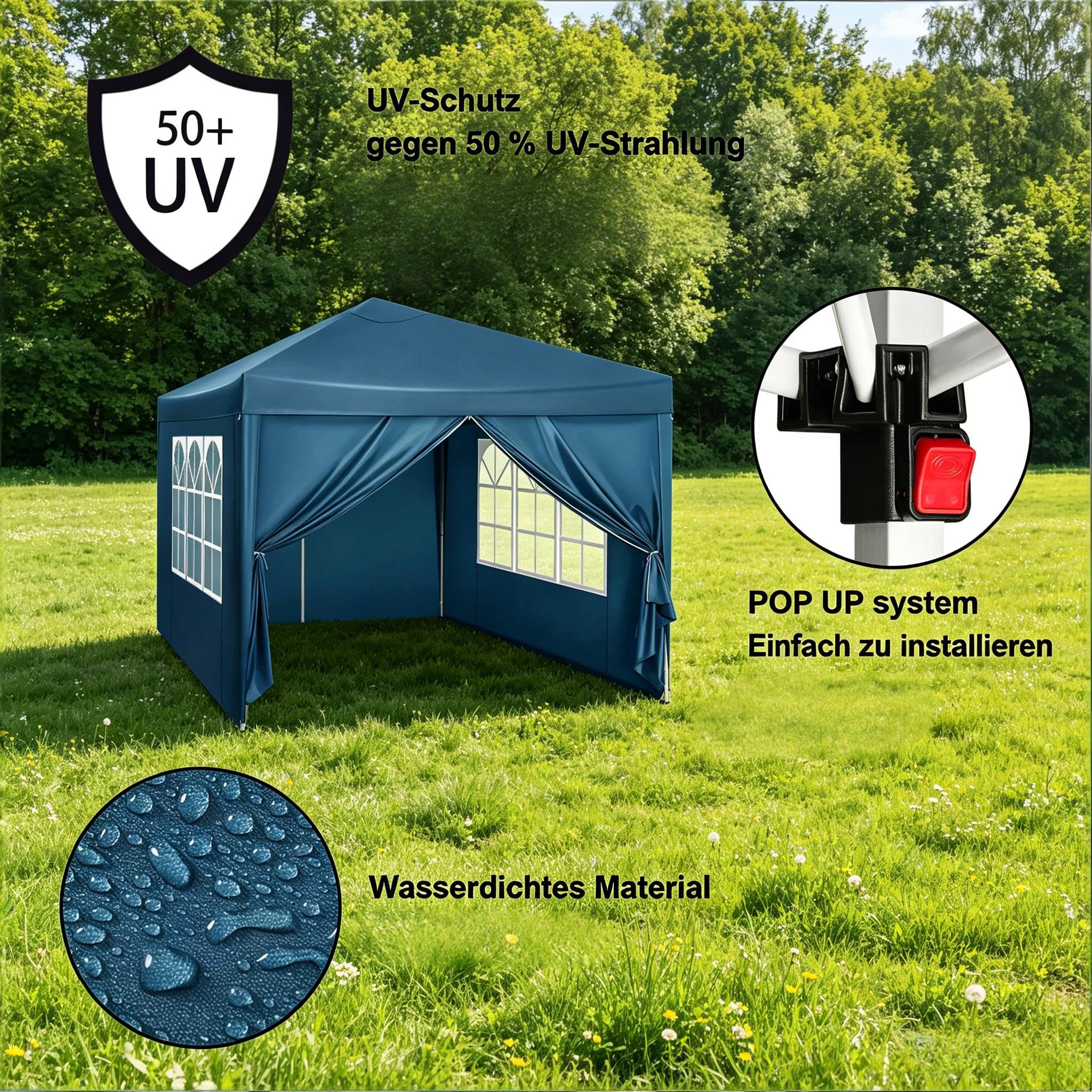 Gazebo 3 x 3 m blu – Gazebo pieghevole impermeabile con protezione UV 50+, telaio in acciaio regolabile in altezza, pieghevole, per feste, giardino, terrazza, campeggio