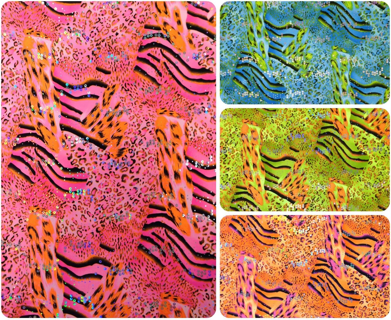 Bright Mixed Animal Print w/Candy Holographic Faux Sequins on Stretch Lightweight Knit Jersey Polyester Spandex Fabric by The Yard (Pink)