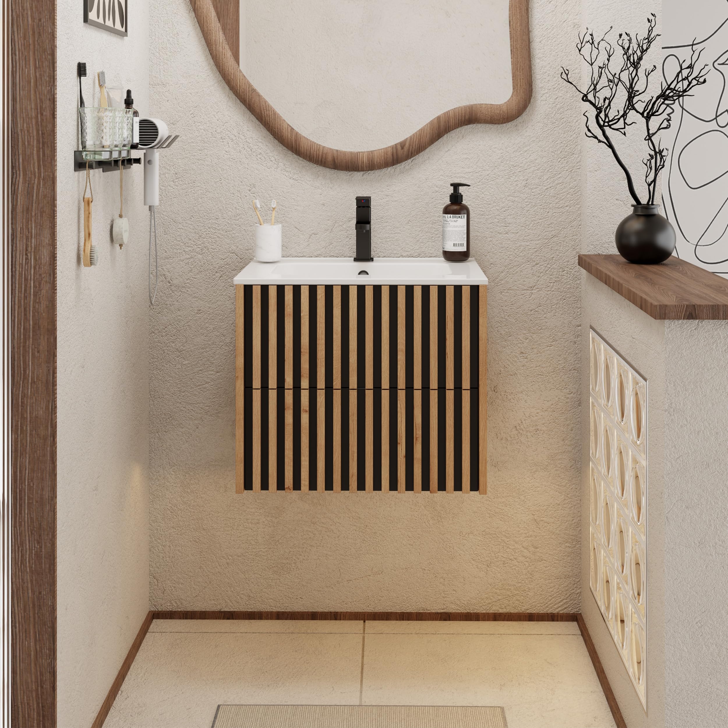 UEV Meuble Salle de Bain 60cm, Meuble Suspendu avec Lavabo en Céramique, Deux Tiroirs avec Grand Espace de Rangement, Poignée Cachée, Motif de Ligne, 60 x 45 x 50cm, Naturel