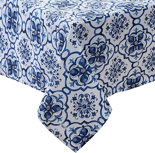 Miniatura 8 de Newbridge Mantel de tela azul con estampado de azulejos Amani para interiores y exteriores, diseño de medallón azul Delft, resistente a la suciedad,