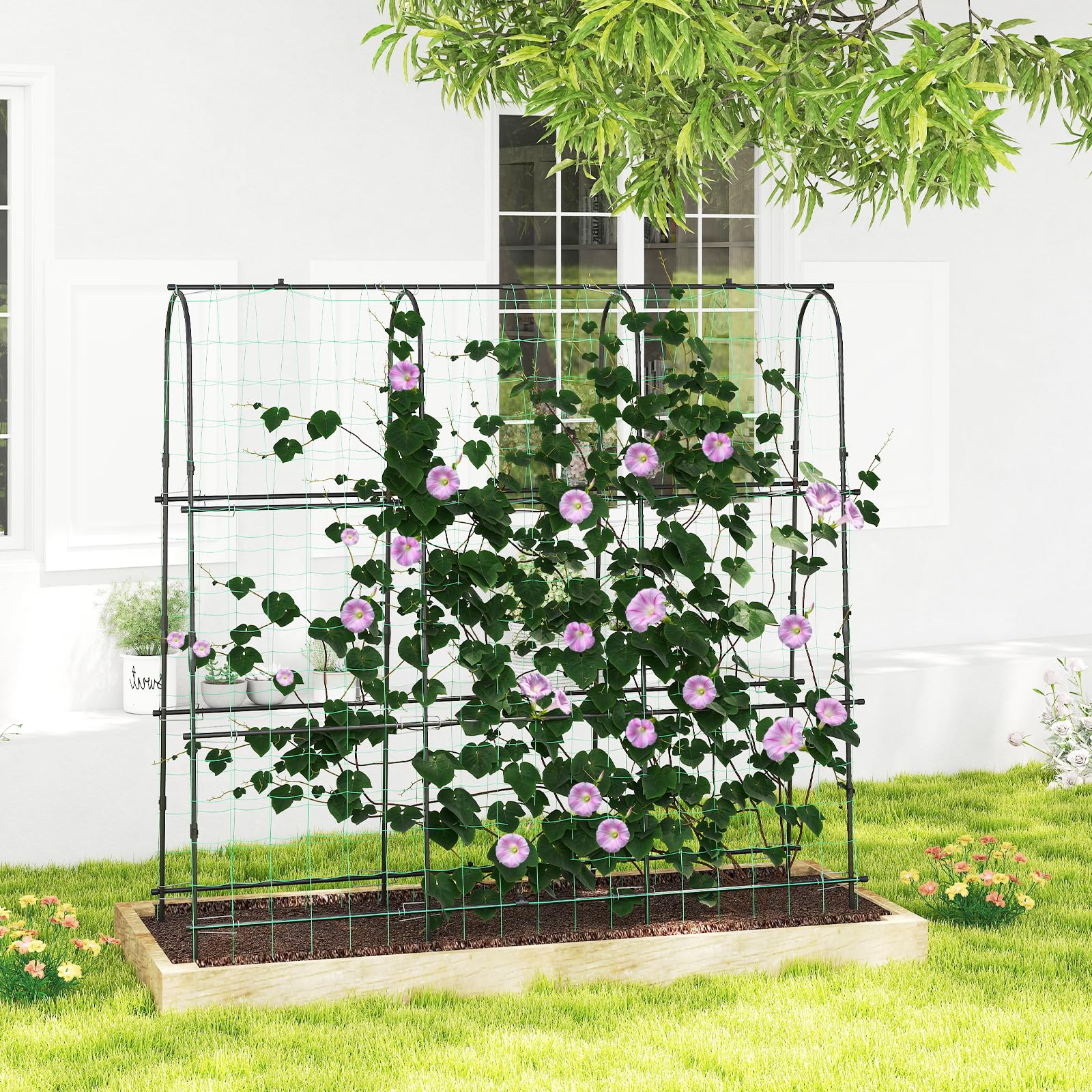 HOMASIS Treillis pour Plantes grimpantes, Support grimpant avec Tube Acier, revêtement Plastique, Maille PP, Facile à Installer, Treillis pour Plantes, Fruits et Fleurs (Arche)