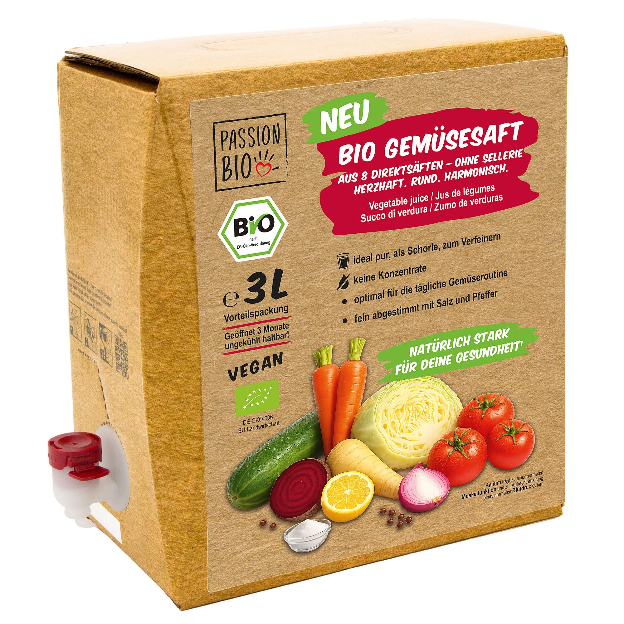 Bio Gemüsesaft 3L – Direktsaft aus 8 Gemüsesäften – Ohne Sellerie – Vegan – Mit Tomate, Karotte & Roter Bete – Bag-in-Box