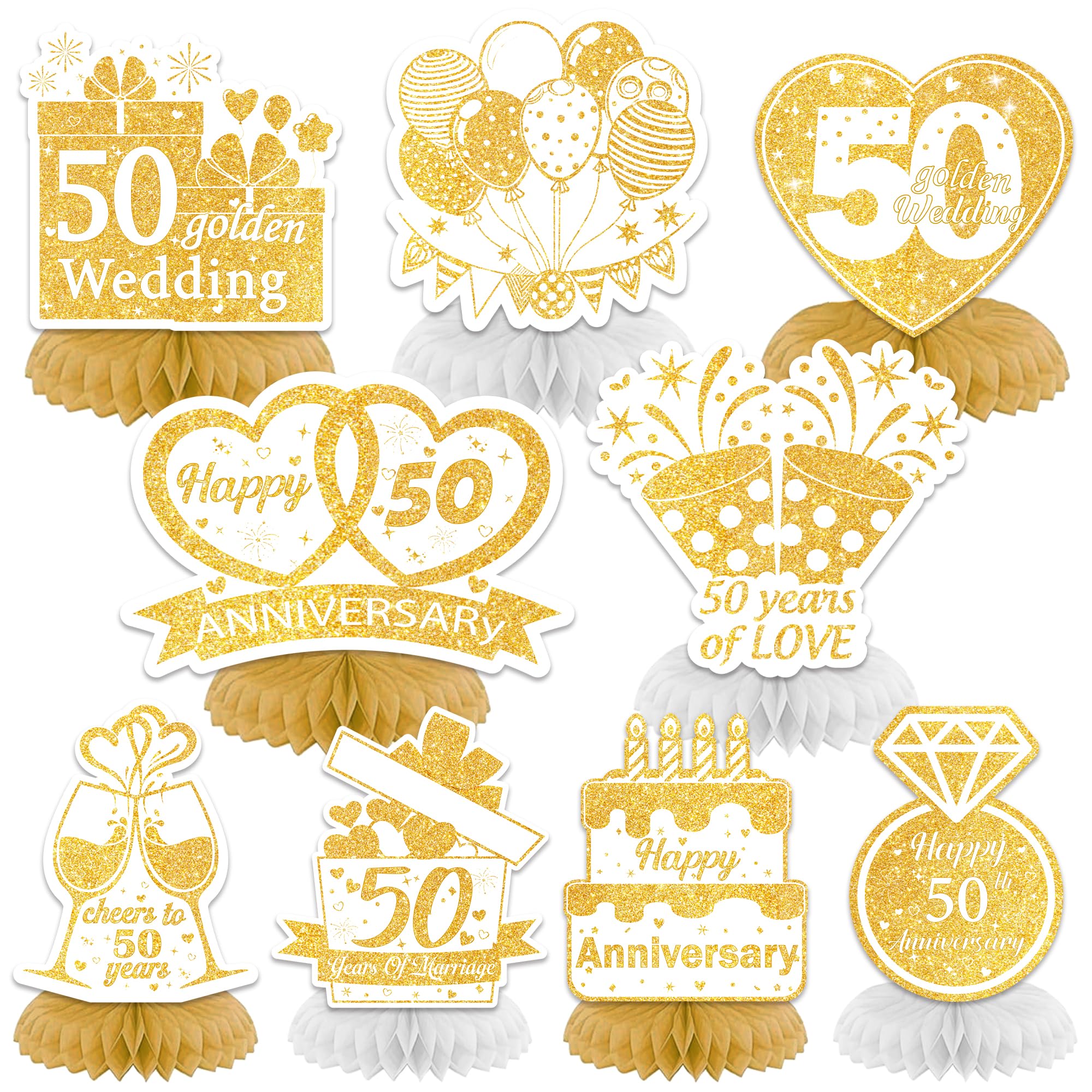 50th Wedding Anniversary Table Decorations - 9 Pieces Golden Wedding Honeycomb Centrepiece for 50 Years of Love Party, Gold Heart Cake Ring Champagne Honeycomb Decor for Couples Happy Anniversary