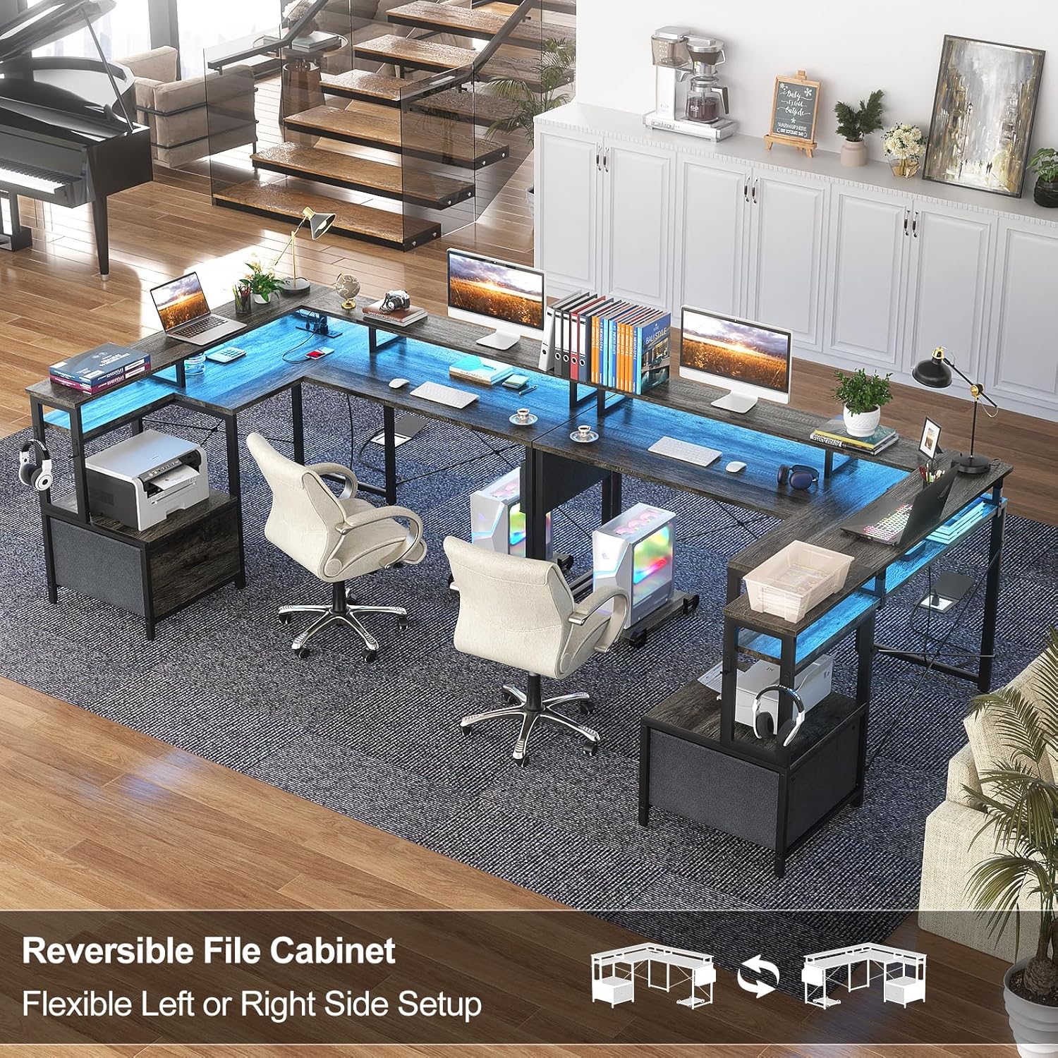 L Shaped Desk with Power Outlet and LED Strip, Reversible L Shaped Computer Desk with File Drawer, Corner Desk for Gaming Writing, Home Office Desk with Monitor Shelf, Black Oak